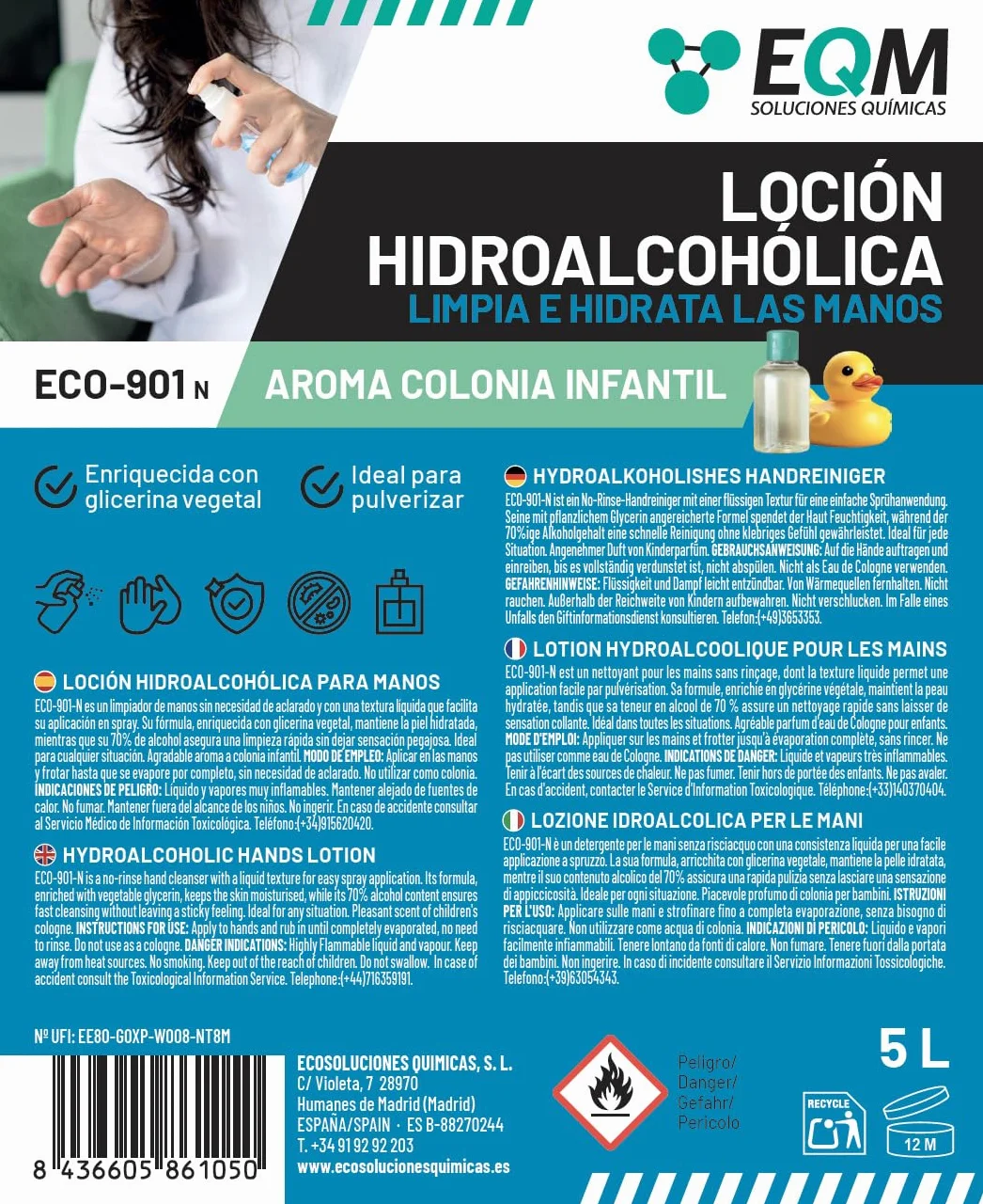 EQM ECO-901N Loción Hidroalcohólica de Manos Perfumada 5L con Glicerina