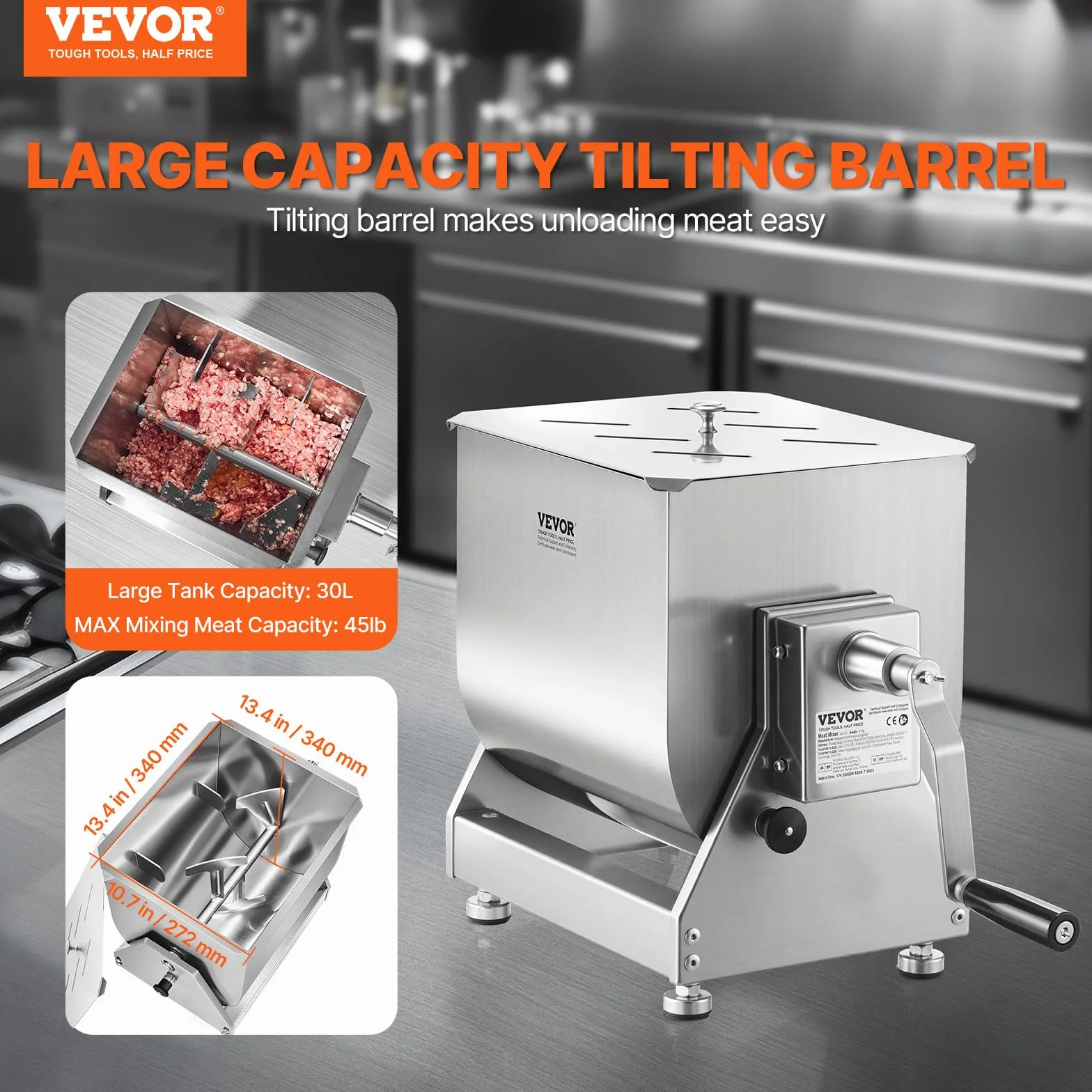 VEVOR Mezcladora de Carne Manual Tanque Basculante Equipo de Procesamiento de Carne Mezcla Máxima de 20,4 kg Mezcladora de Salchichas de Acero Inoxidable con Tapa, Manija, Reductor de Engranajes