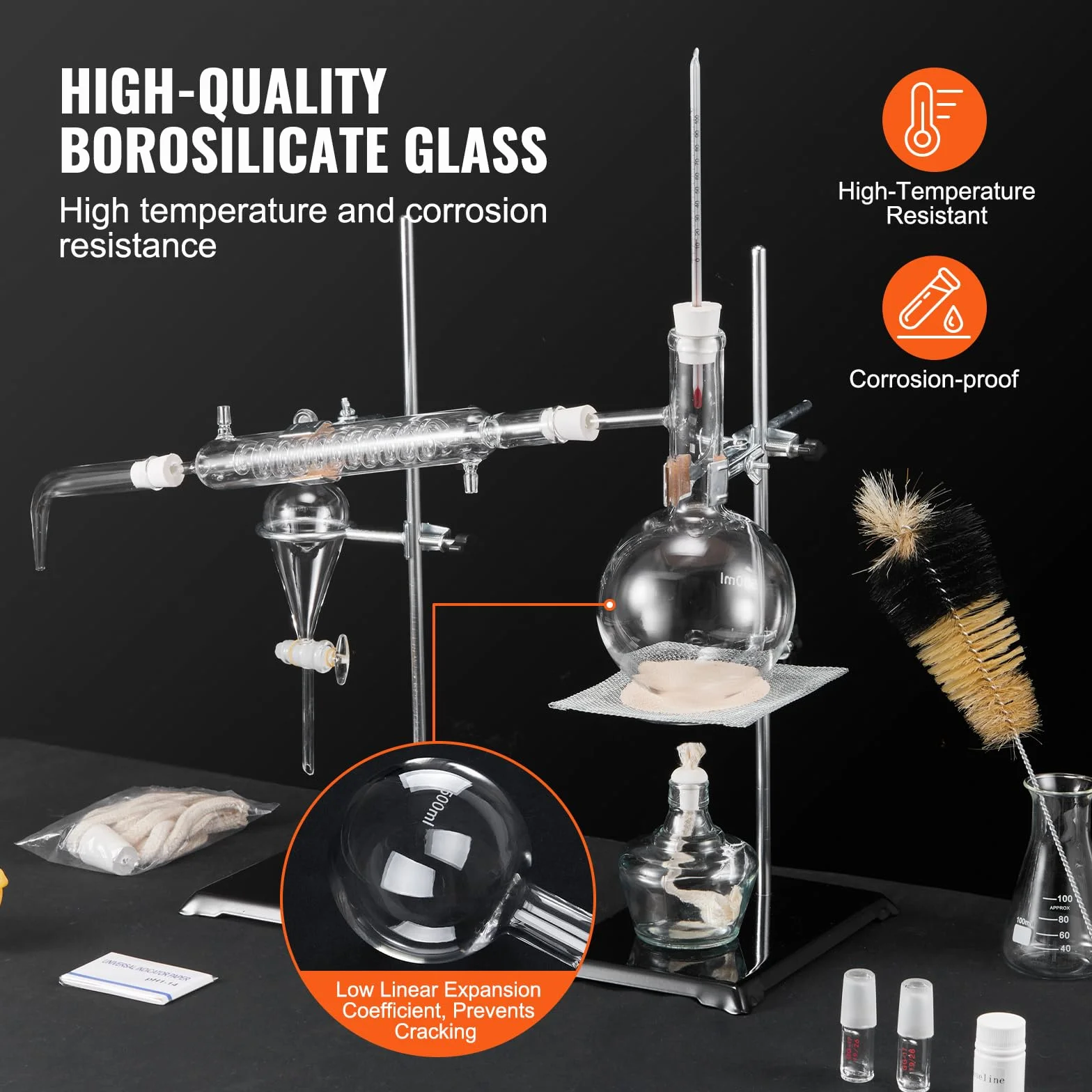 VEVOR Kit de destilación de aceites esenciales 500 ml, destilación de vidrio de laboratorio 3.3 Boro con lámpara de alcohol, malla de cerámica, conexión 24/40, 28 piezas