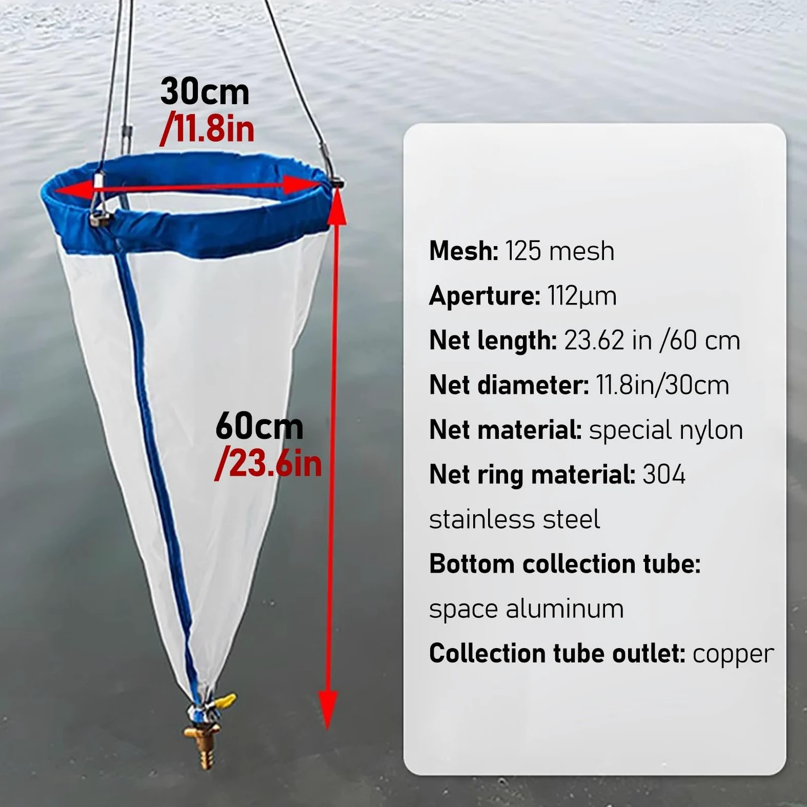 plankton network Red de plancton de malla fina de 125 mallas, red de plancton #25 con cuerda de muestreo de 5 m, 60 m de alto 21 cm de diámetro, abertura de 112 μm, nailon experimental engrosado