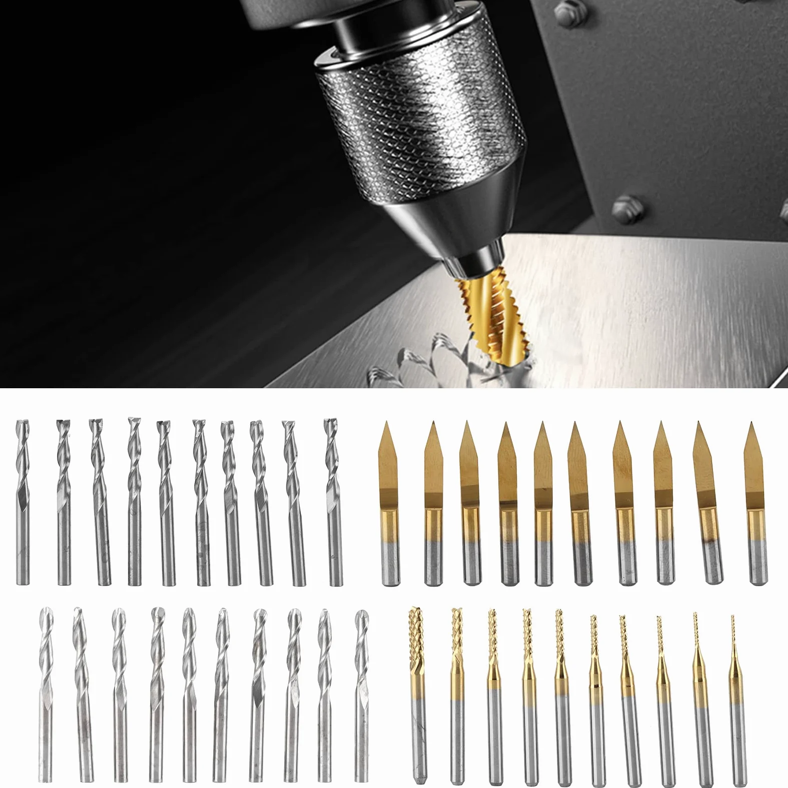 Sorandy Juego de 40 Fresas de Extremo, Juego de Brocas de Enrutador CNC, Brocas de Grabado de Acero de Alta Velocidad con 4 Tipos, 10 Piezas Cada una, Vástago de 1/8 de Pulgada, Ideal para PCB,