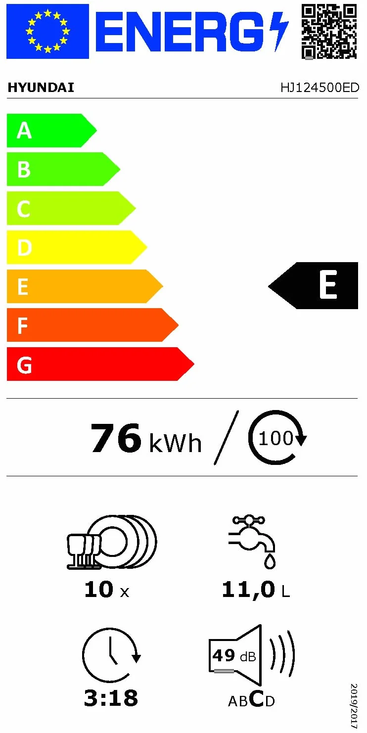 Hyundai Lavavajillas 45cm Blanco 1900W 10 Cubiertos 6 Programas Display LED Eficiencia Energética Clase E