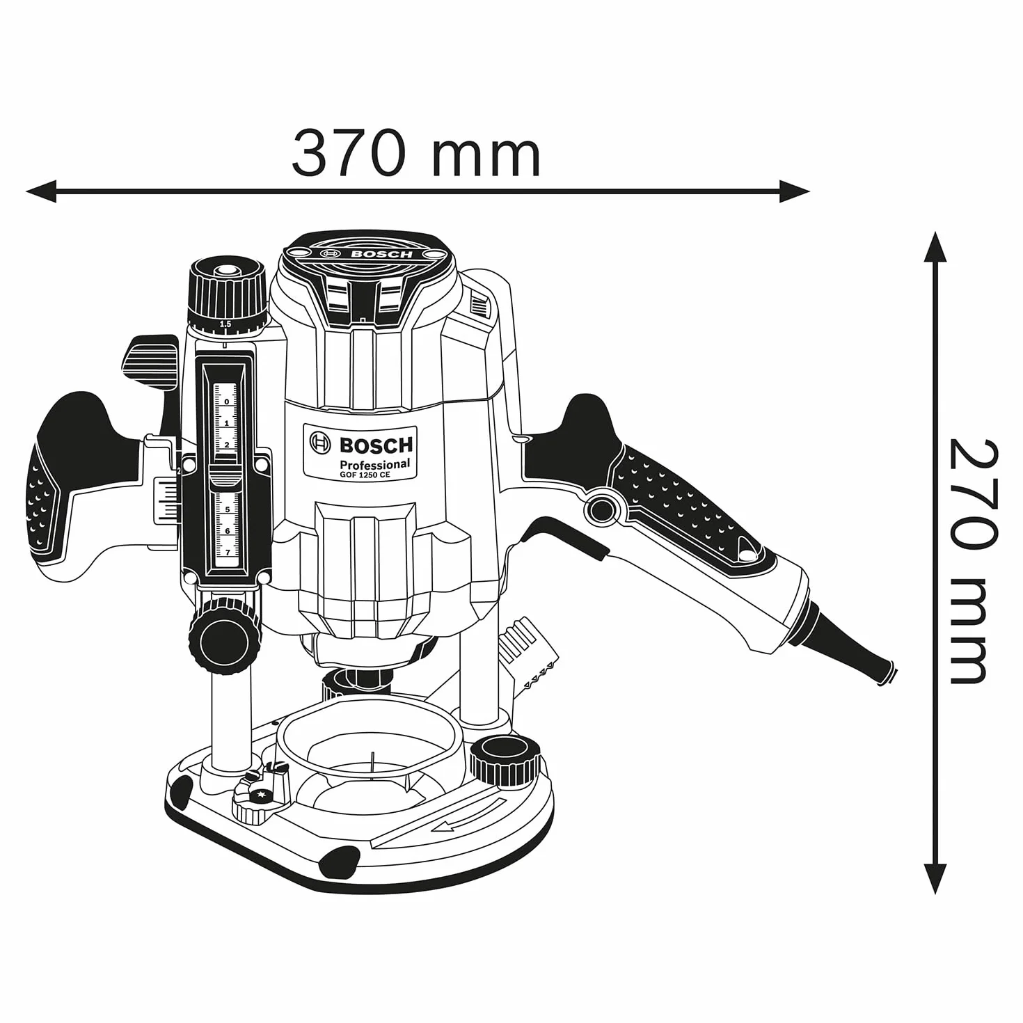 Bosch Professional fresadora de superficie GOF 1250 CE (llave de boca fija 19 mm, tope paralelo con ajuste preciso, adaptador de casquillo copiador, pinzas de sujeción, L-BOXX)