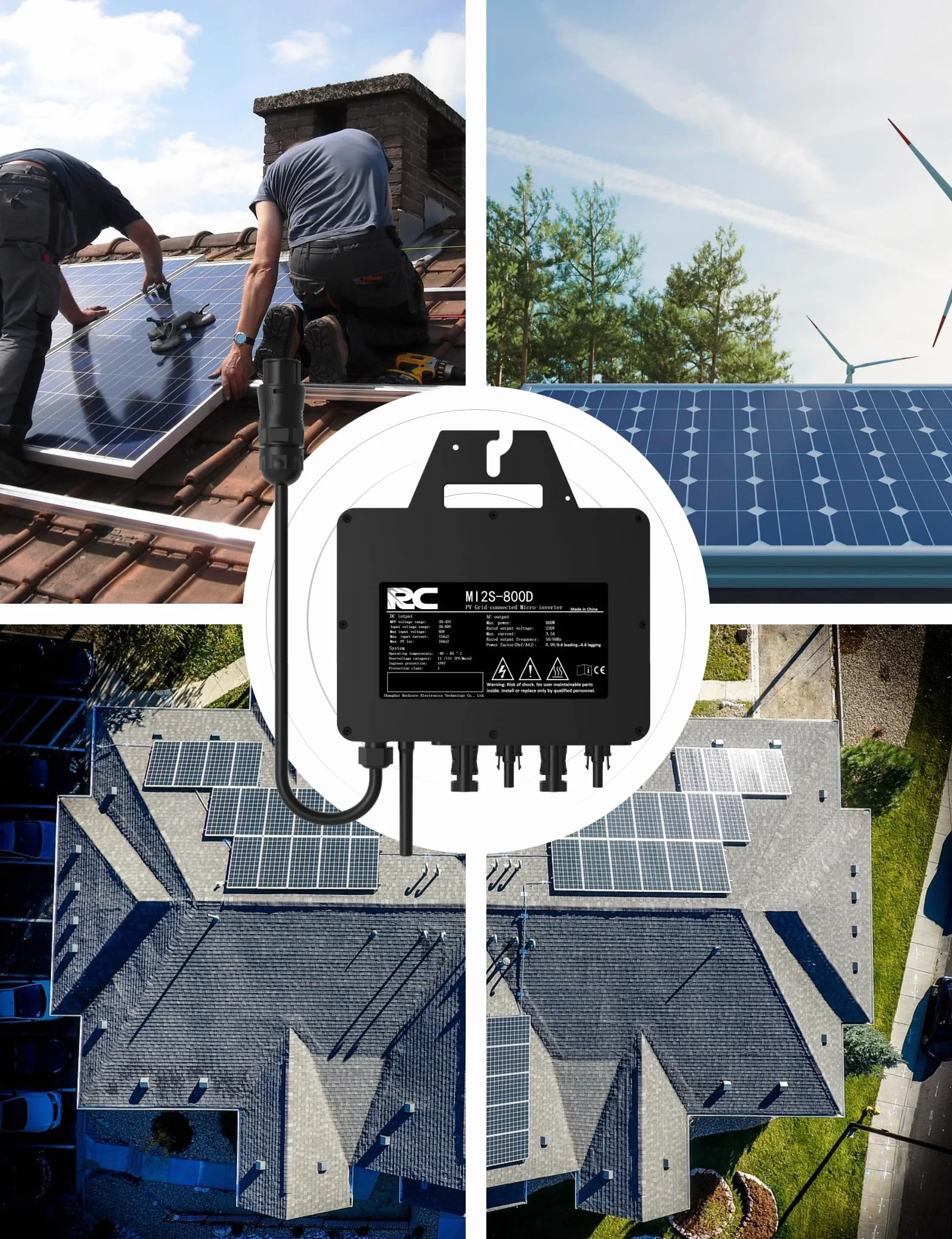 Inversor Micro RC 800W, Certificado CE, Rango de Entrada DC 26-60 V, inversor Solar MPPT, Control de la aplicación Mediante Wi-Fi, Adecuado para Sistemas solares en Balcones, IP67
