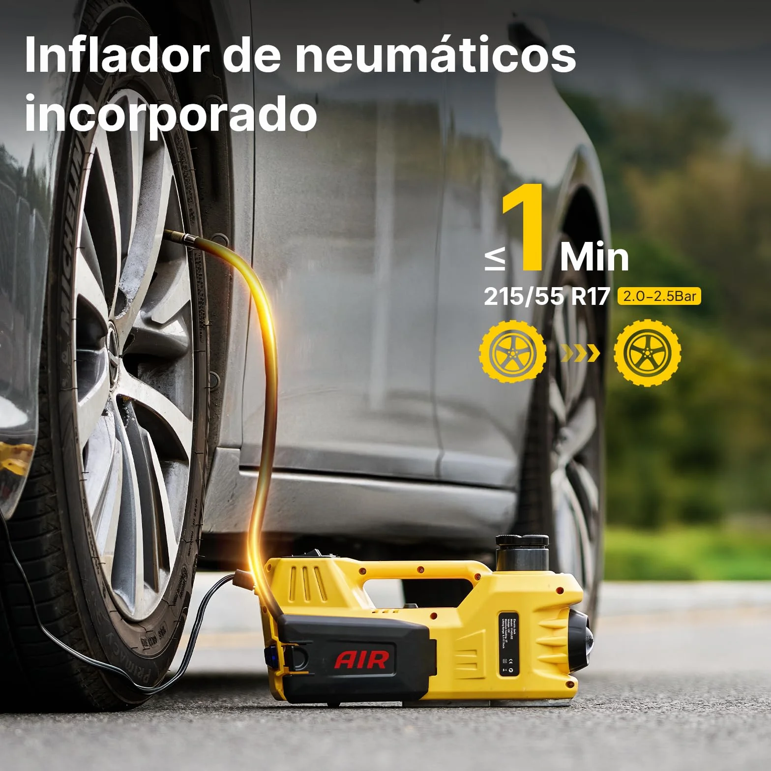 TaskStar Gato Hidráulico 5t 3t, 12V Kit de Gato Eléctrico para Coche (Alcance :15.5-45 cm) con Llave eléctrica e inflador, para Recogida de Coche Cambio de Neumáticos Reparación de Garaje