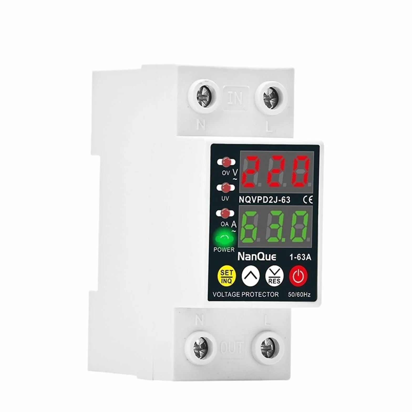 Protector de voltaje Ajustable AC110V 220V 50/60Hz Protector de corriente ajustable de recuperación automática medidor de corriente de voltaje 1-63A(220V-240V)