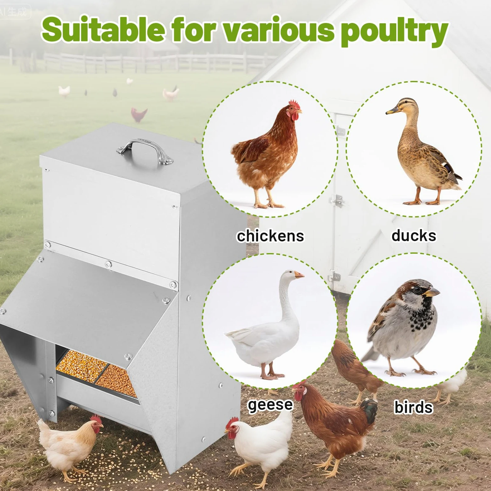 BAOSHISHAN Comedero automático para pollos, comedero de aves de corral montado en la pared con tapa, sin residuos, comedero al aire libre para pollos, pájaros, patos, gansos (10 kg)