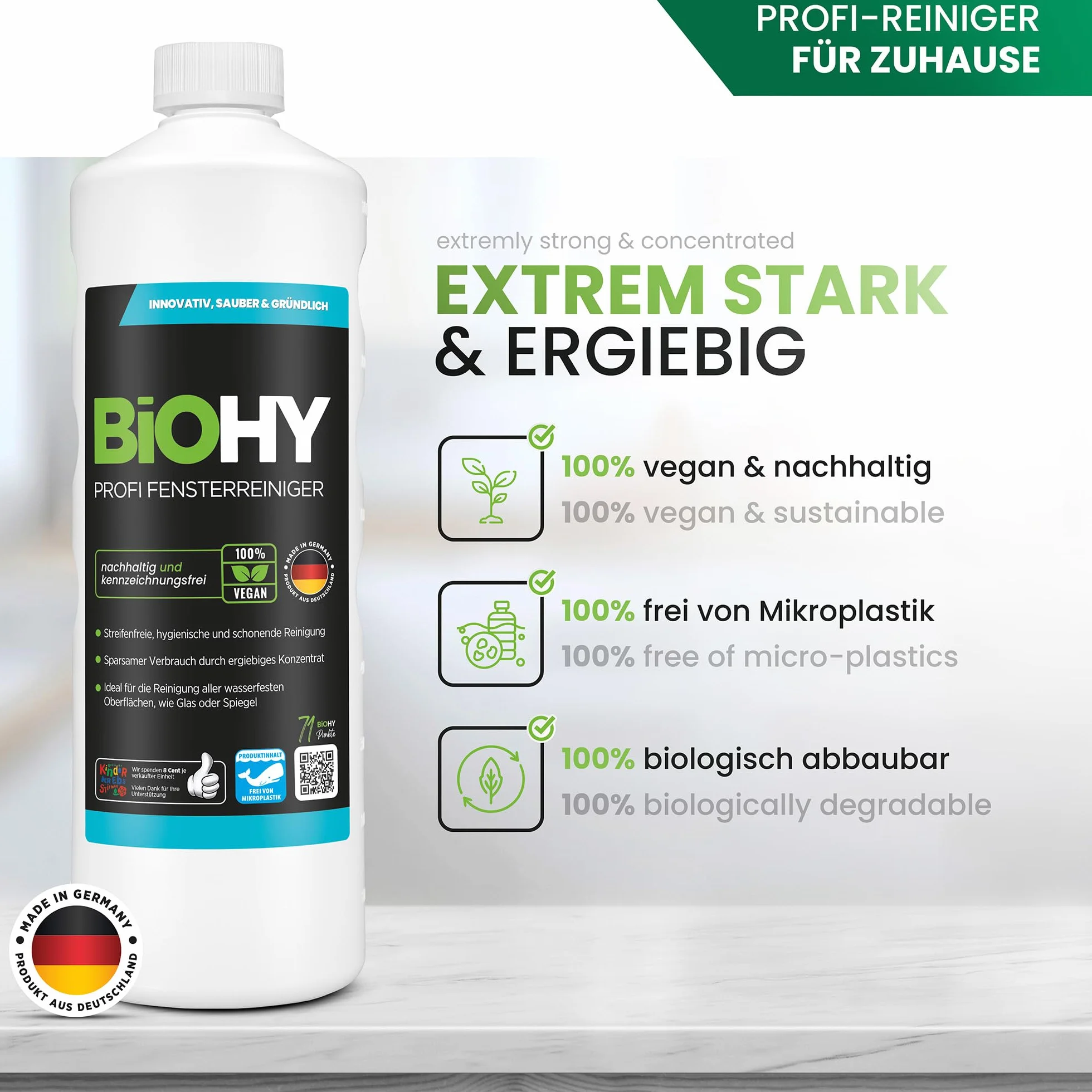 BiOHY Limpiacristales profesional (12 botellas de 1 litro) | Limpiador concentrado de vidrios, para de ventanas | Limpieza optima de vidrios, ventanas y espejos (Fensterreiniger)