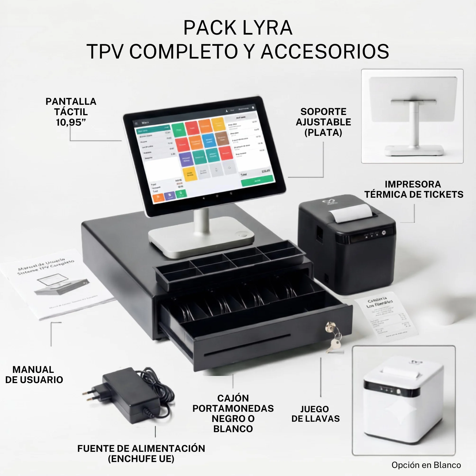 TPV Completo Lyra | Terminal Android 11 Libre sin Cuotas | Pantalla 10.95", Impresora de Tickets y Cajón Portamonedas Compacto 33cm | Sistema para Bar, Cafetería, Restaurante y Tienda