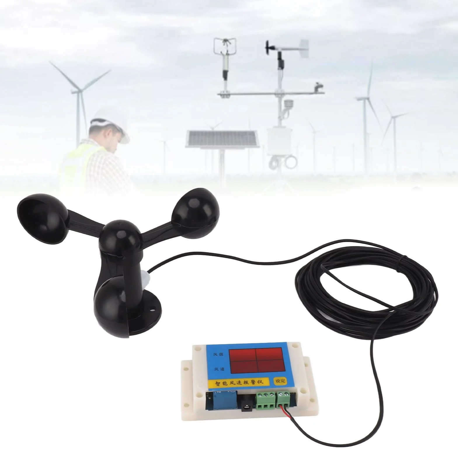 Anemómetro digital con sensor de velocidad del viento y alarma impermeable USB 5V para exteriores