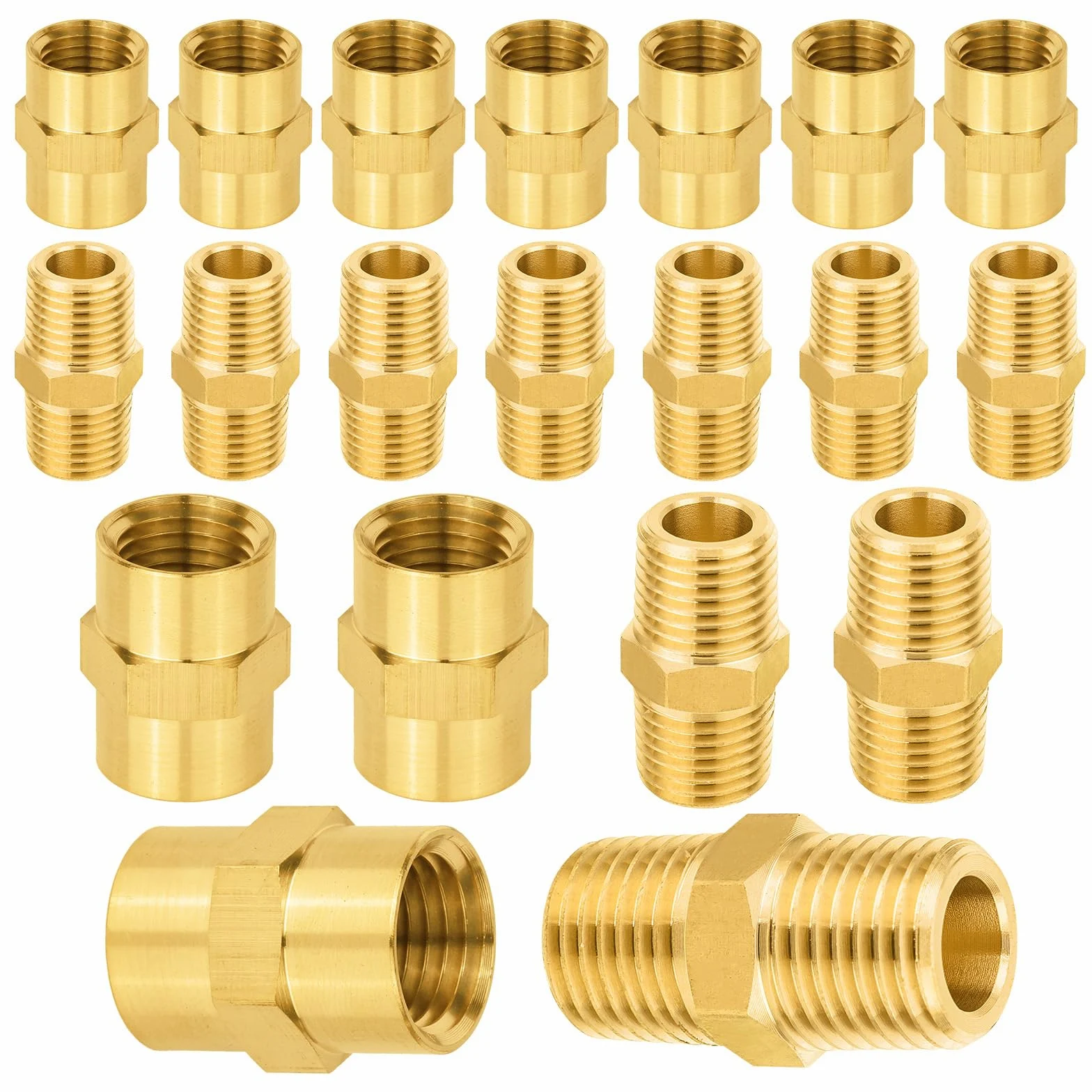 Paquete de 20 racores de latón GUOFIS, Macho de 1/4" (Paquete de 10) + Hembra de 1/4" (Paquete de 10), niple Hexagonal