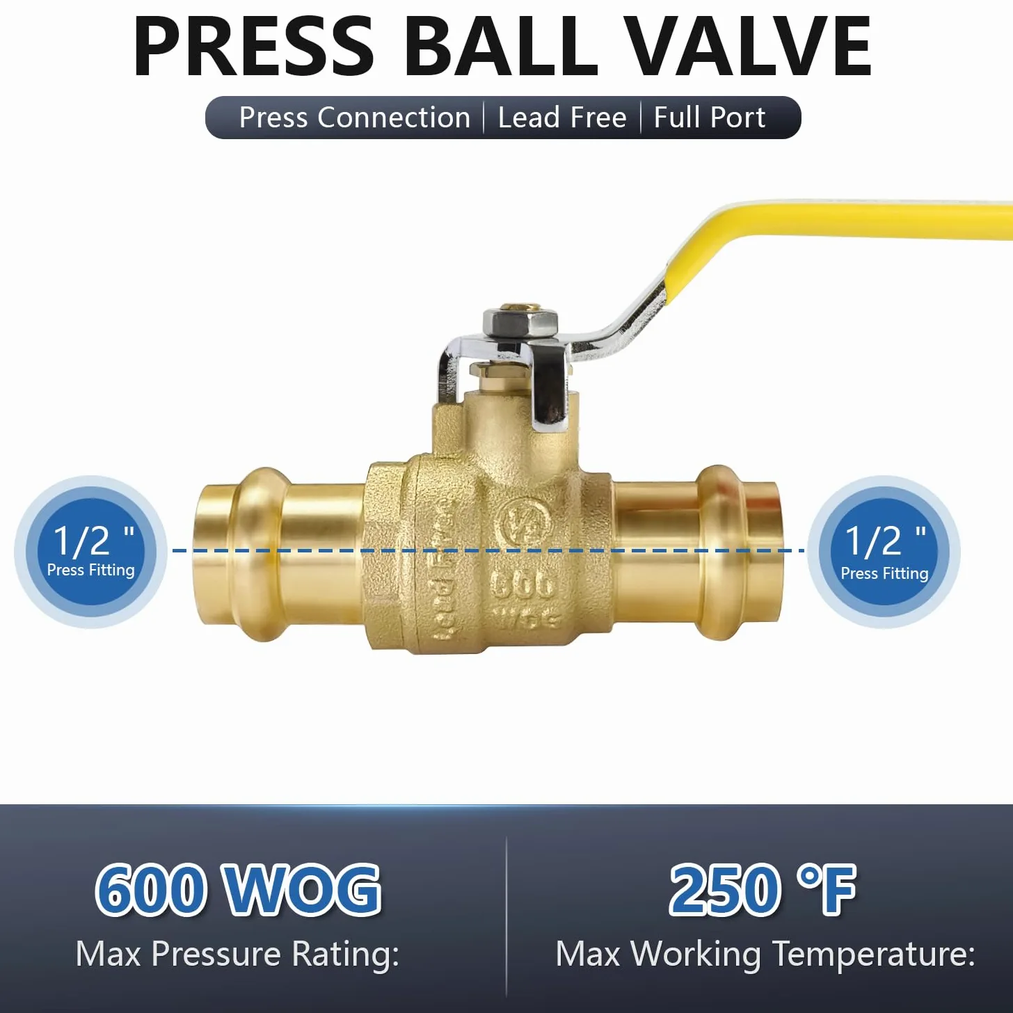 WiseWater Válvula de bola de presión de 1,27 cm, 6 unidades, válvula de bola de cierre de 1/4 de vuelta para conexión de tubo de cobre, asas amarillas
