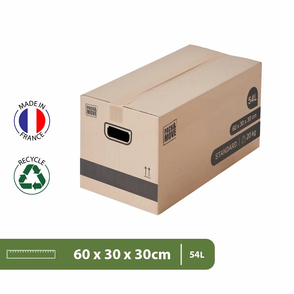 Pack and Move - Lote de 30 cajas de almacenamiento estándar, 60 x 30 x 30 cm, asas reforzadas, 2 adhesivos