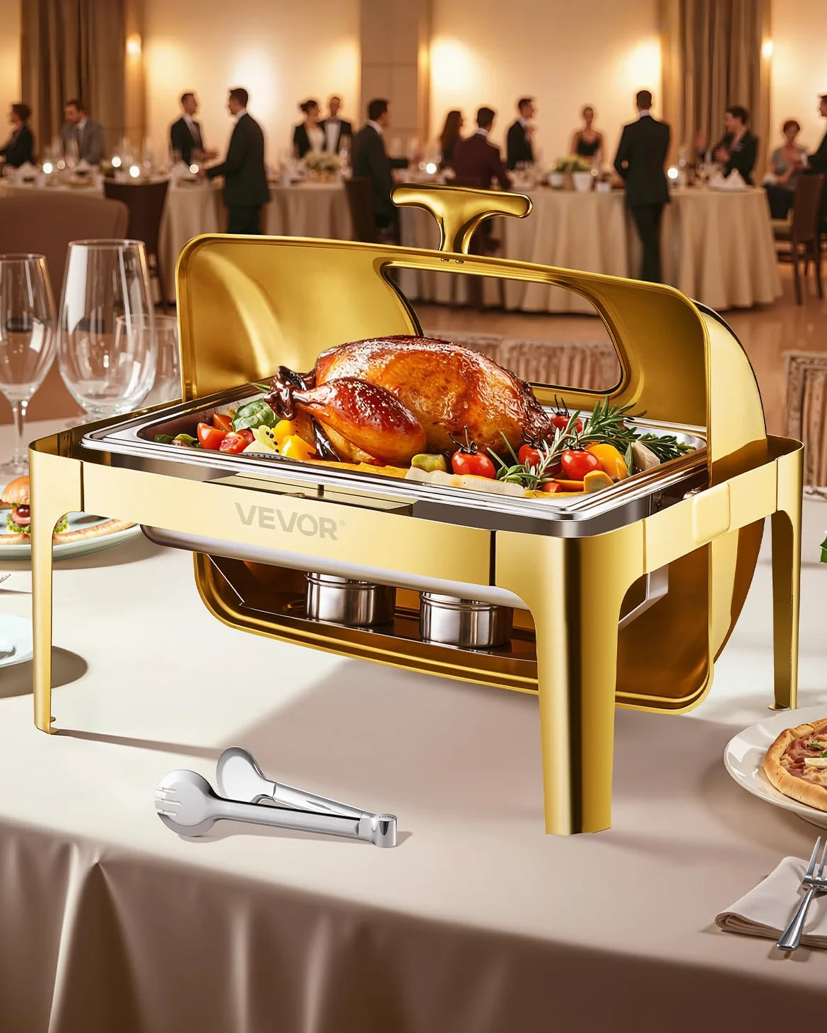 VEVOR Juego de Calentador de Alimentos Acero Inoxidable con Sartenes Tamaño Completo(8,5 L), Rectangular, con Tapa Visible y Soporte para Bandeja de Agua y Depósito de Combustible, Dorado, 1 ud