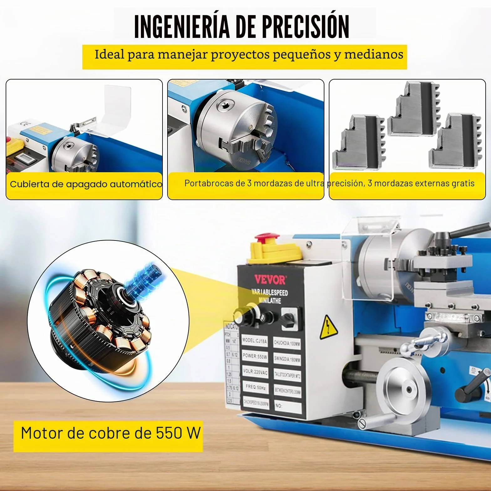 VEVOR Mini Torno de Metal 550W 7"x14" 0-2500 RPM Fresadora Con Hilo en Pulgadas 12-52 TPI y Rosca Métrica 0,5-2,5 mm Para Metales Blandos, Aluminio, Cobre, Vidrio