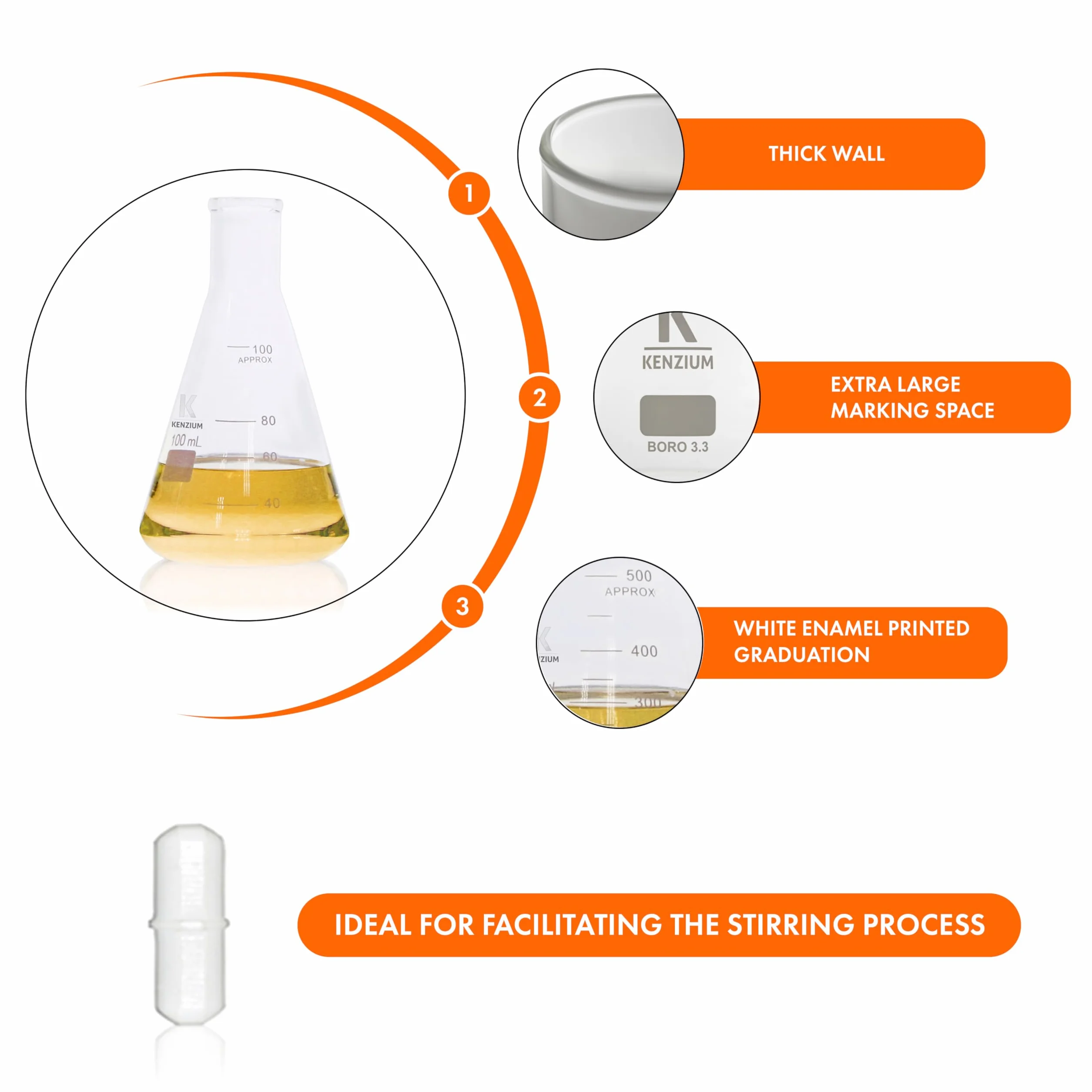 KENZIUM - Pack 6 x Matraz Erlenmeyer + 6 x Varilla Magnética de Agitación | 100 ml | Vidrio Borosilicato 3.3 | con Graduación Impresa | Boca Estrecha | Ideal Laboratorio y Educación
