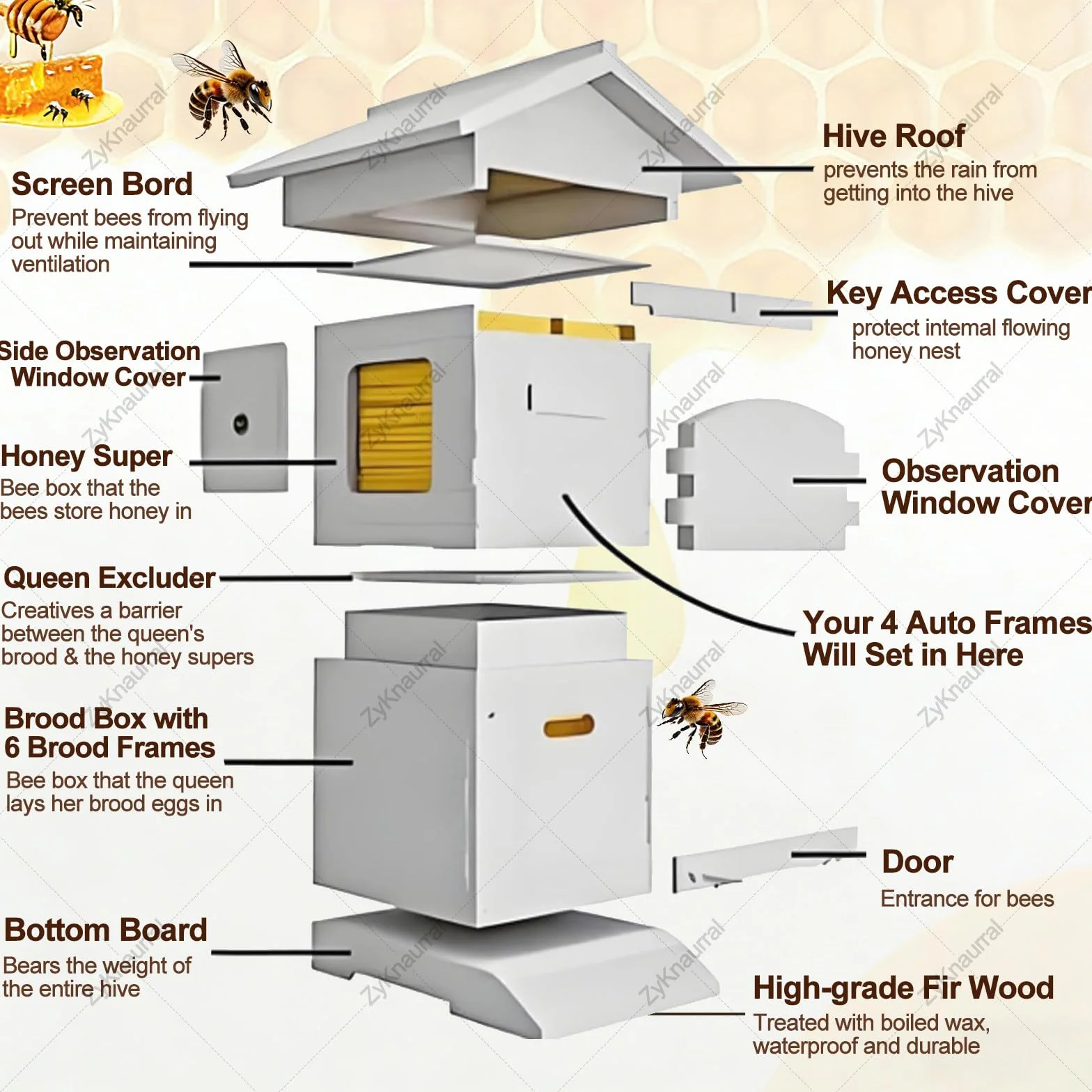 Kit Completo De Inicio para Colmena Flow Hive, Incluye 4 Cuadros De Miel Automáticos Y 6 Cuadros De Cría, Fácil Cosecha, Madera Duradera, con Traje De Apicultor.