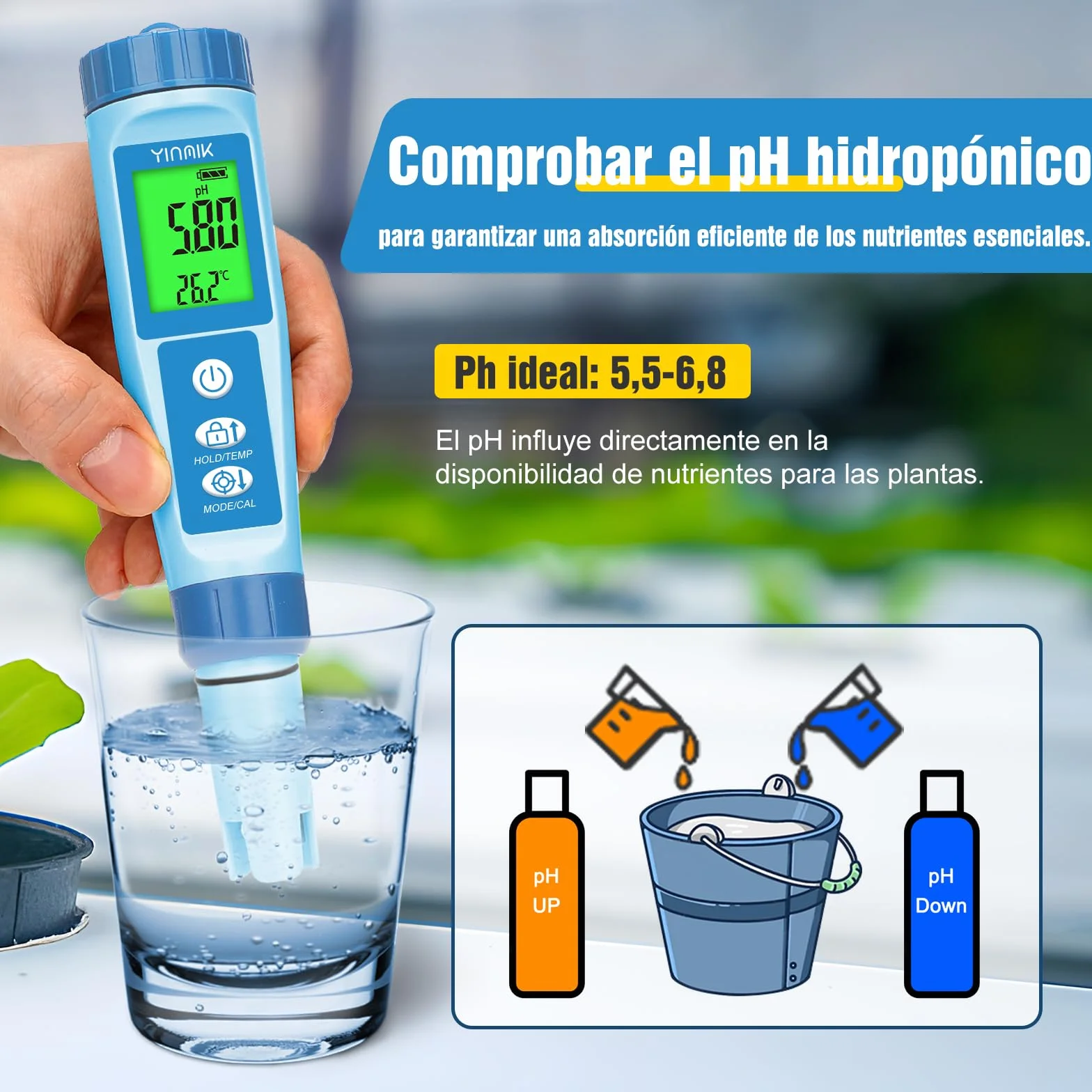 Medidor de pH y EC Hidropónico 4 en 1, Comprobador Digital de pH PPM y TDS