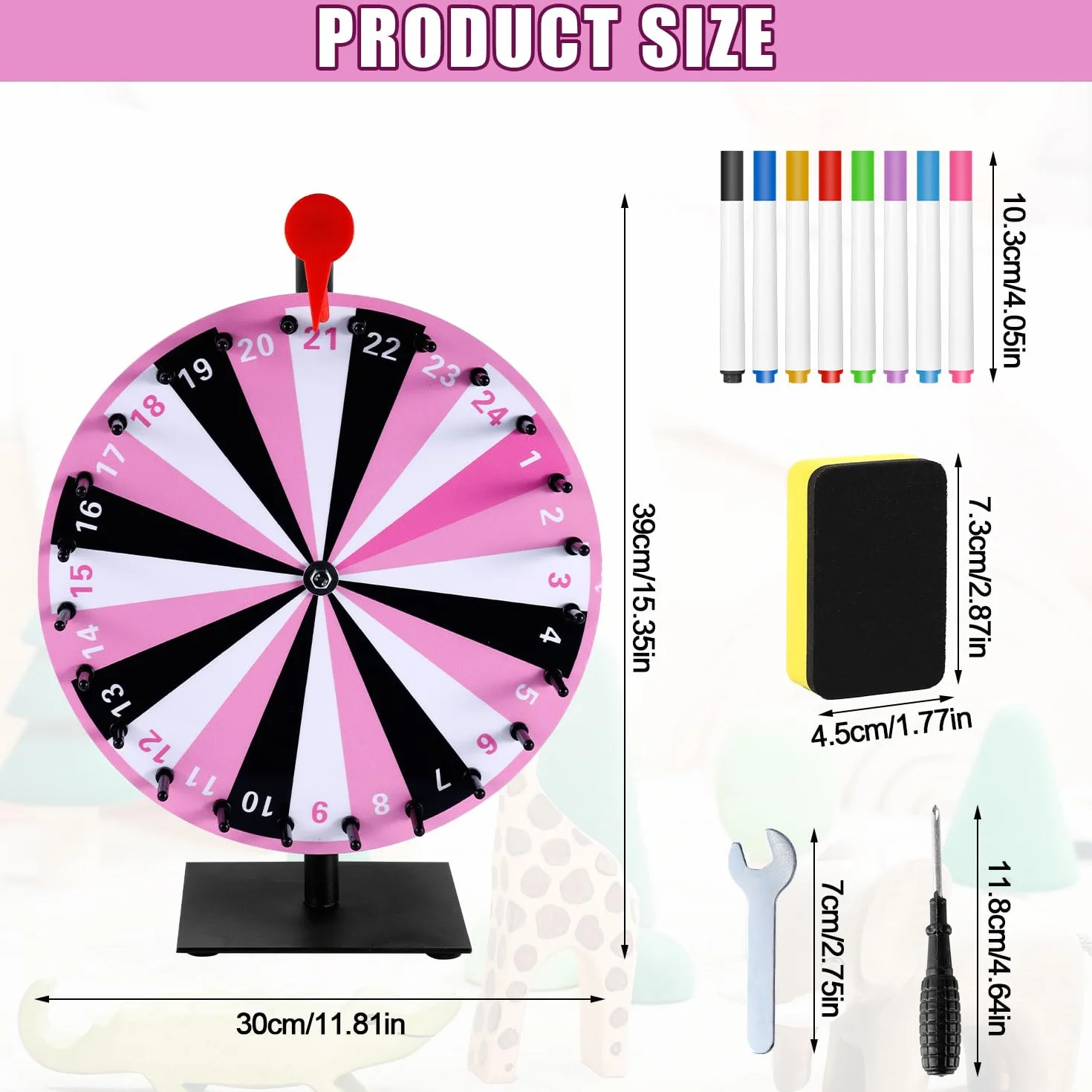 Rueda de la Suerte Giratoria 24 Ranuras Base Duradera Rueda de Premio Ruleta de Mesa para Juego de Fiesta (Rosa)