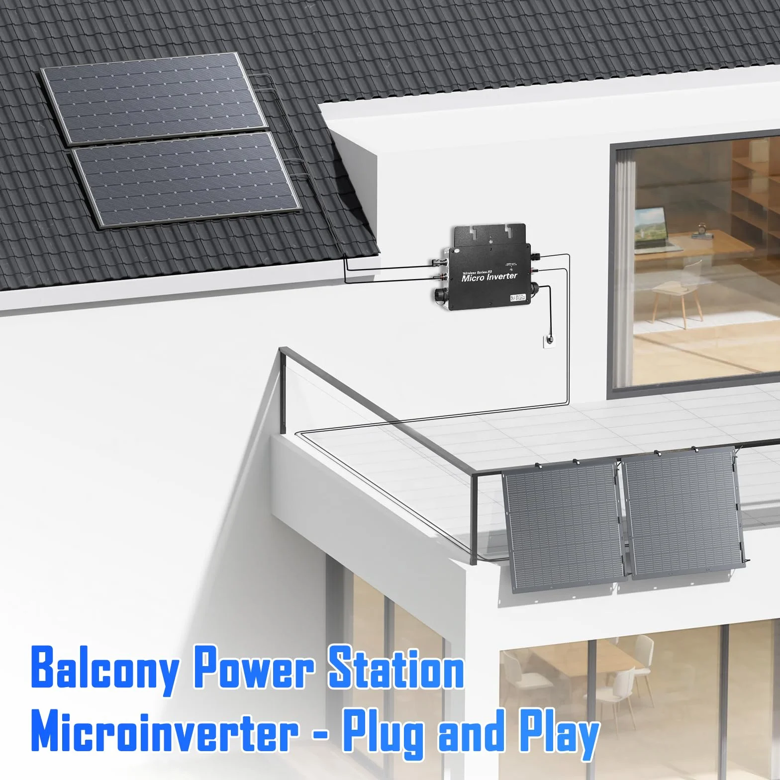 Microinversor 600W,Inversor Solar Inteligente,Inversor fotovoltaico para 2X 375w Paneles solares,Entrada 20-60Vdc,MPPT Integrado,WiFi App.