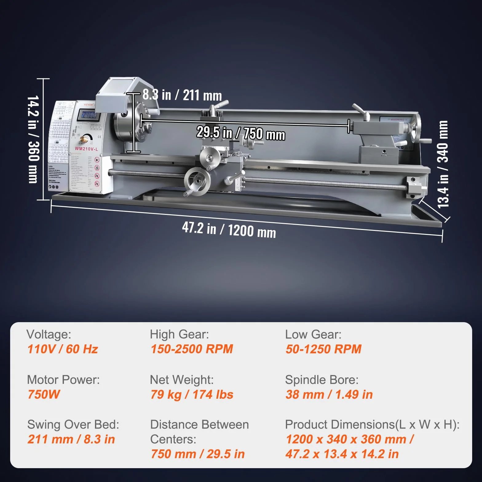 VEVOR Torno de Metal 8,3"x29,5" Torno de Metal de Sobremesa 50-2500 RPM Velocidad Variable Continua 750 W sin Escobillas Engranajes de Metal con Caja de Herramientas para Procesamiento de Precisión