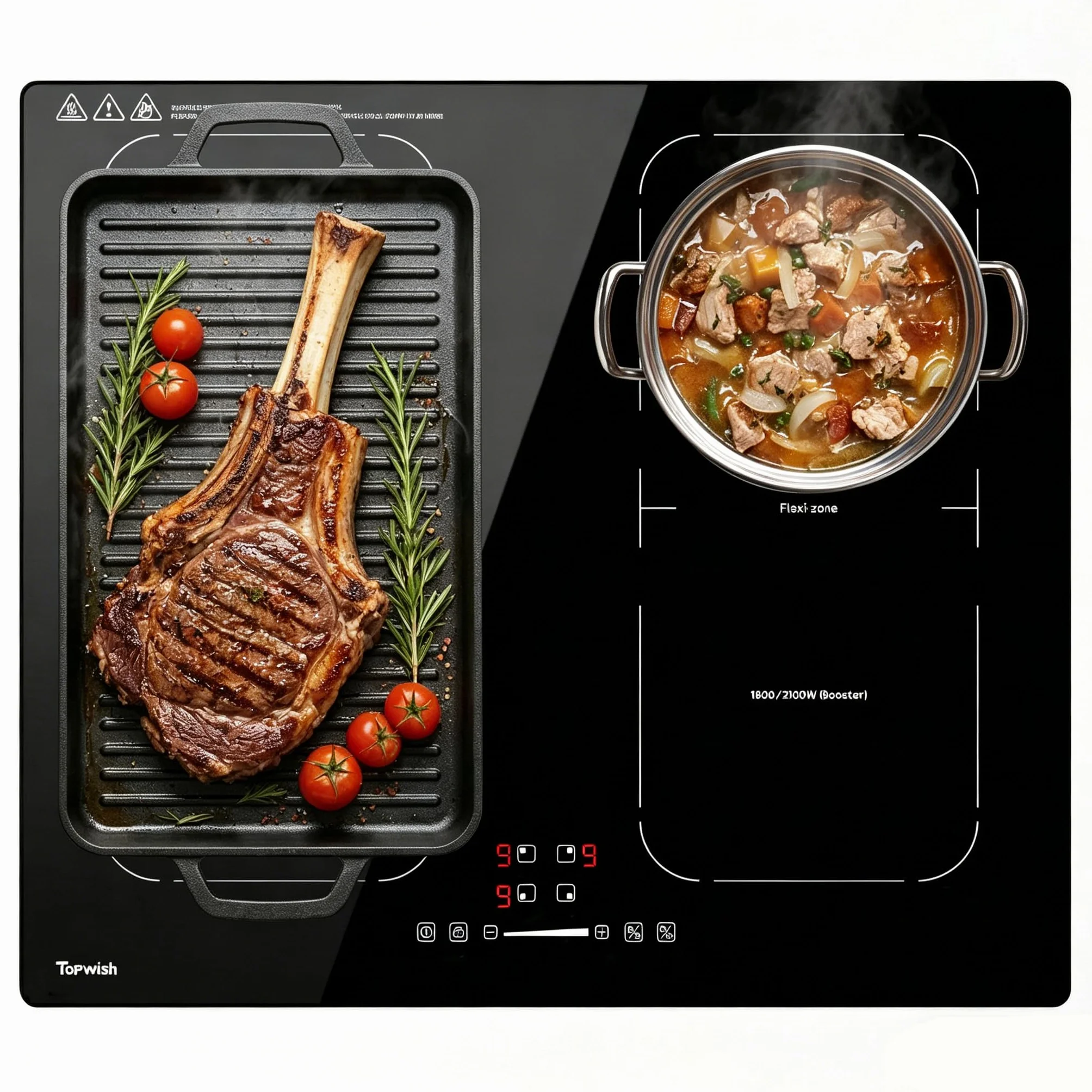 Topwish Plaque Induction 4 Feux 60cm Encastrable 7200W avec Booster 9 Niveaux Minuterie Sécurité Enfant