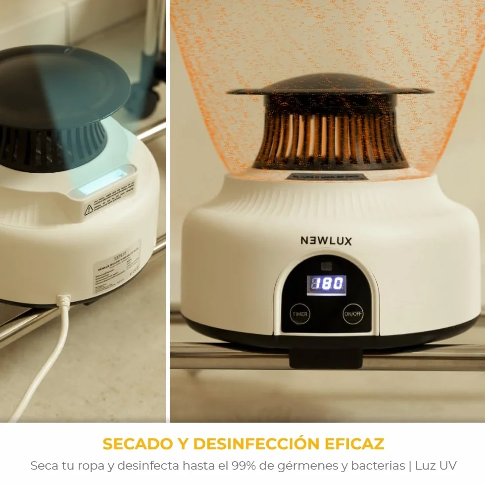 NEWLUX Secadora de Ropa Eléctrica Portátil 15Kg 1200W Luz UV 4 Niveles 180min Negro