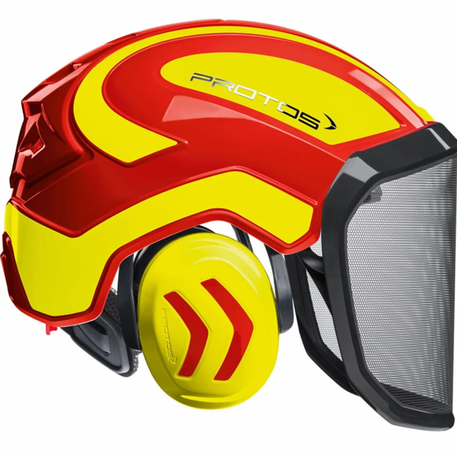 Protos Forest - Casco de seguridad integral con protectores auditivos, rojo