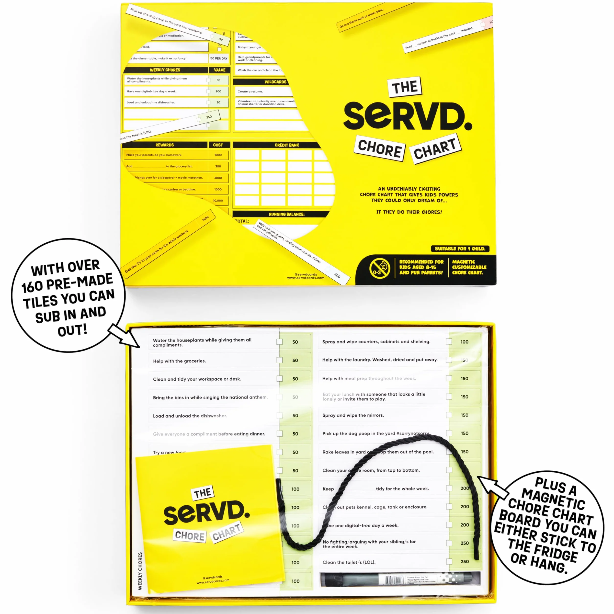SERVD Chore Chart - Magnética Tabla de Desafíos Personalizable para 1 Jugador 6-12 Años