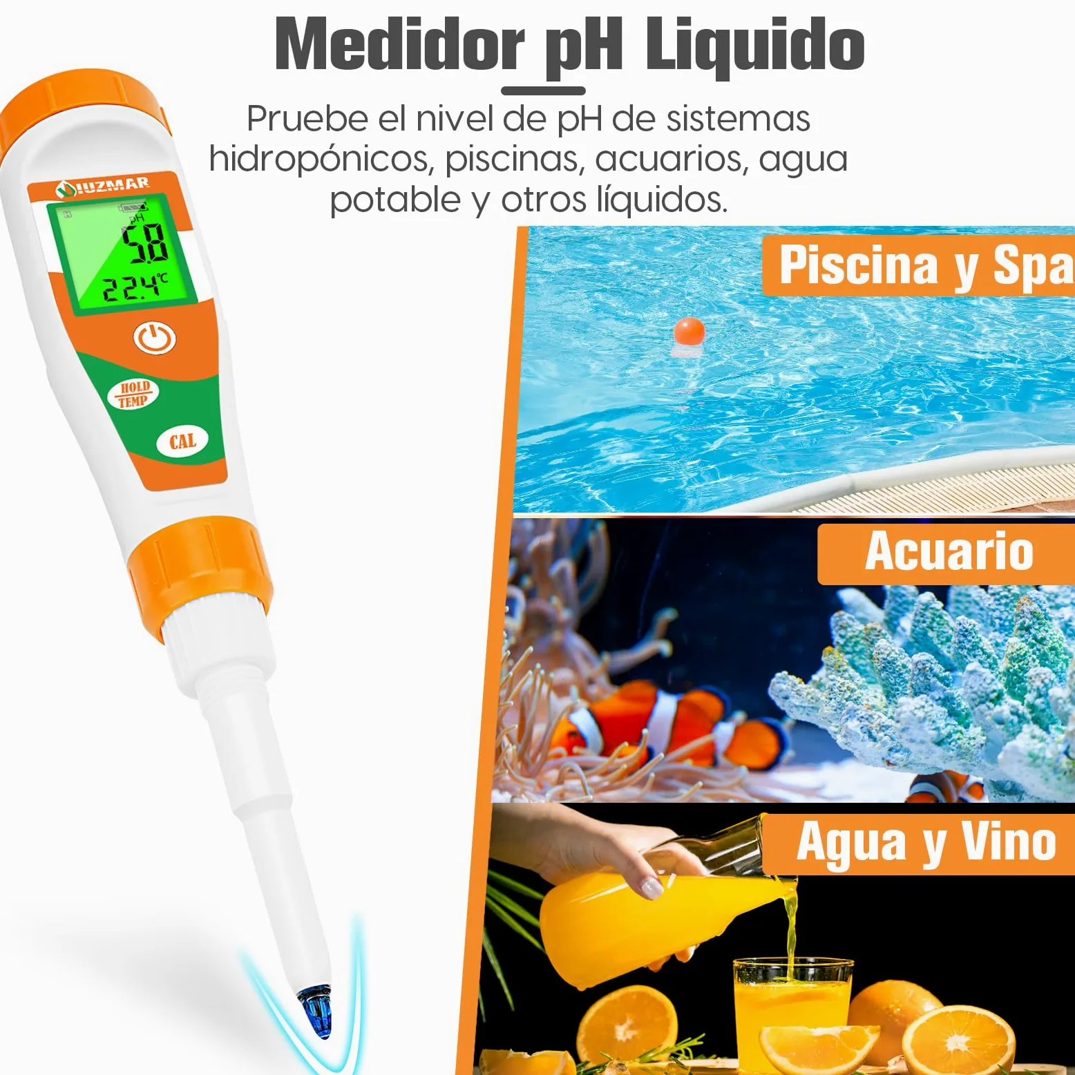 UIUZMAR Medidor de pH Alimentos, phmetro Semisolidos y Liquido, Medidor de pH para Fermentos, Pan, Masa Madre, Cosmetica, Queso, Arroz, Kombucha, Piscina, Acuario, Hidroponía, Agua Potable