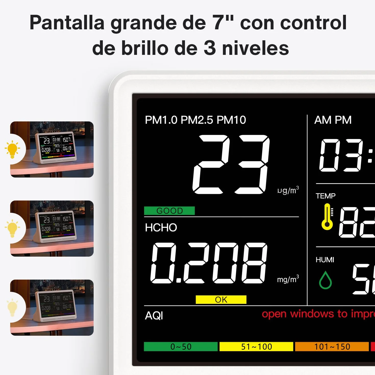 bonoch Monitor de Calidad del Aire 16 en 1 para Interiores con Pantalla de 7" – 9 AQI + 7 Alertas AQI – Medidor de CO2, TVOC, PM2.5, PM1.0, PM10, HCHO, Temperatura, Humedad, AQI y Hora – Para Hogar