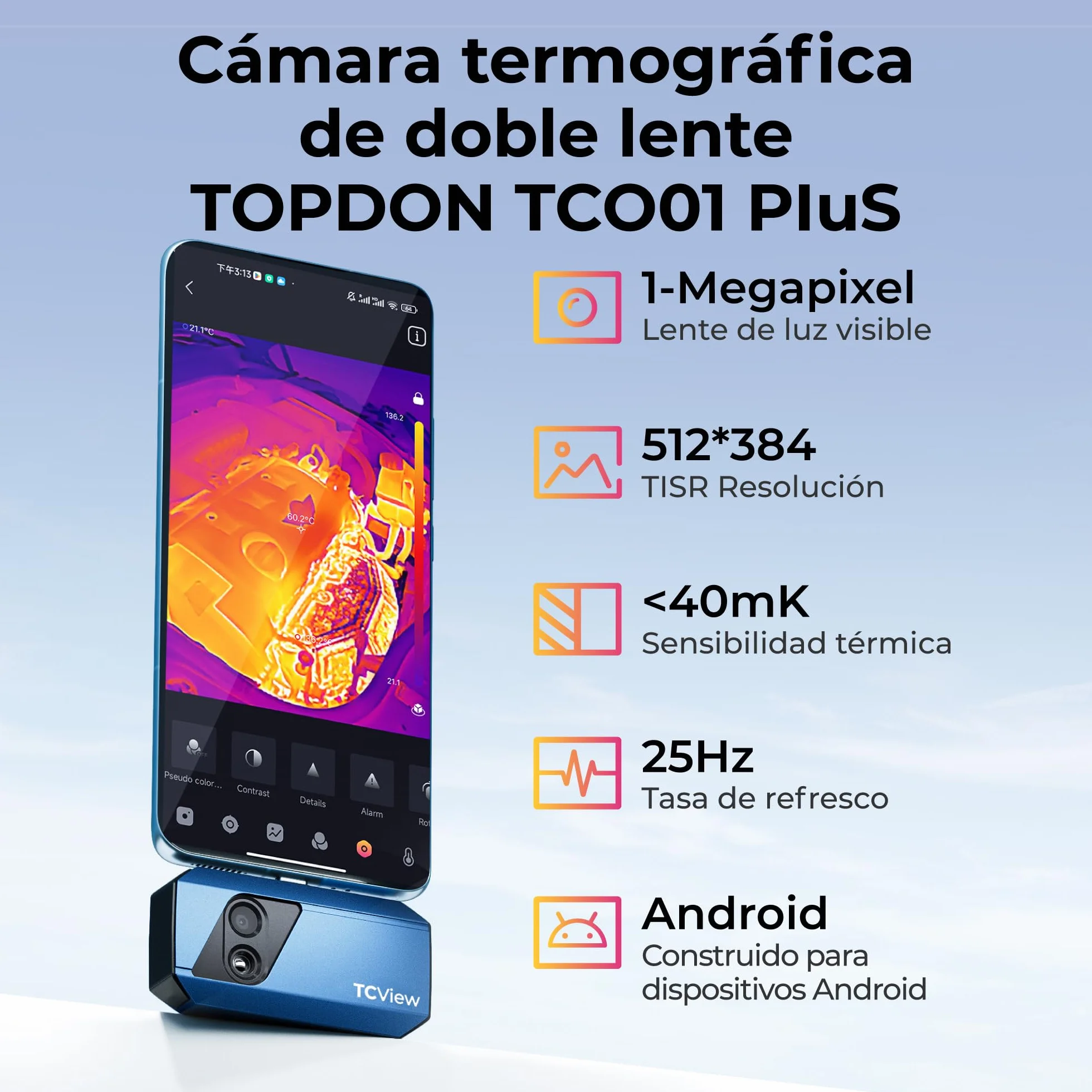 TOPDON TC001 Plus Cámara Térmica para Android, con Cámara Visual, 512x384 Resolución TISR, Rango de Temperatura -20℃ a 550℃, 25Hz Frecuencia de Actualización, Cámara Termográfica Infrarroja USB-C