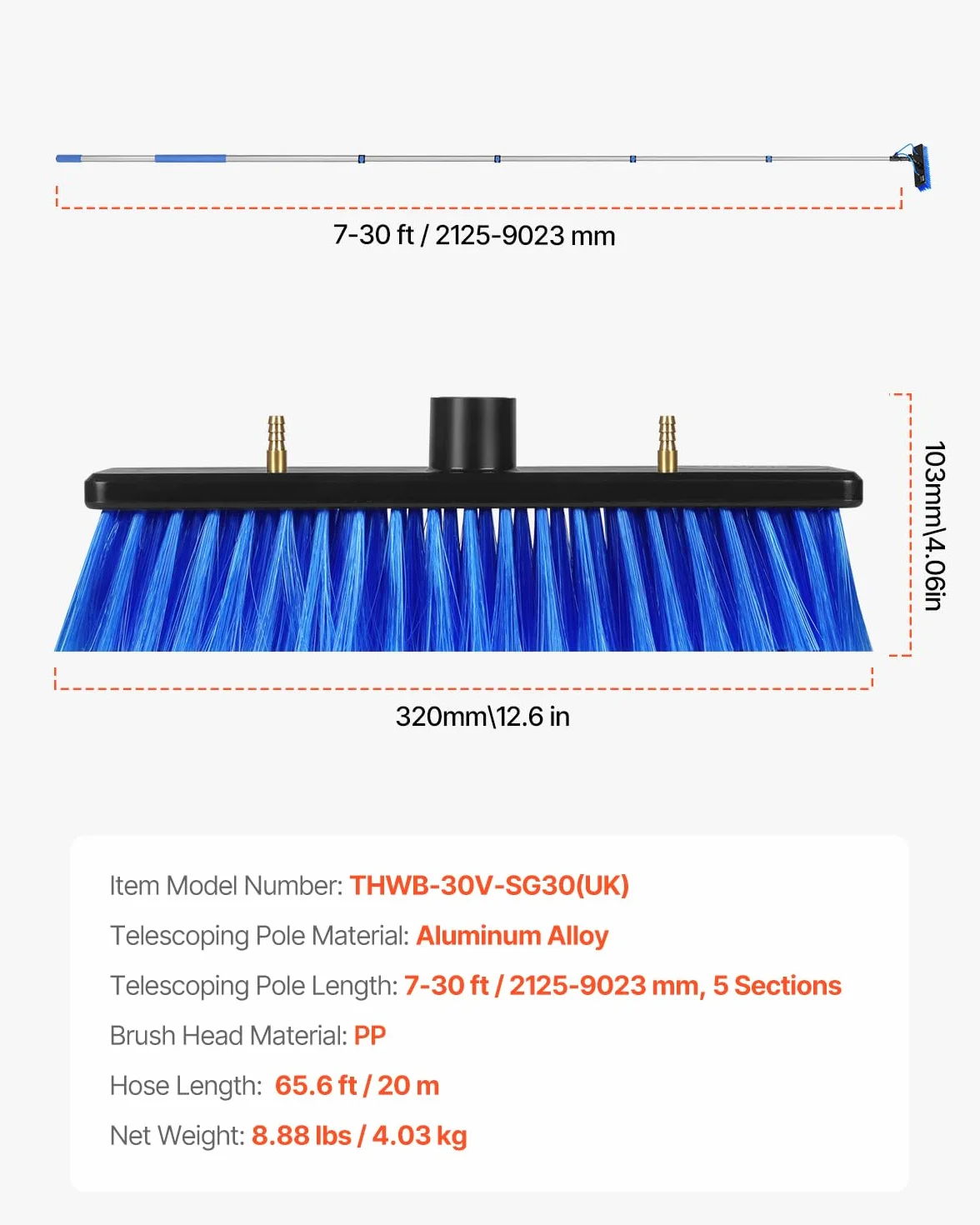 VEVOR Kit de Barra de Alimentación de Agua, Barra de Limpieza de Paneles Solares de 9 m con Mango Extensible, Cabezal de Cepillo Giratorio de 180° y Manguera de 20 m, para el Hogar y Exteriores