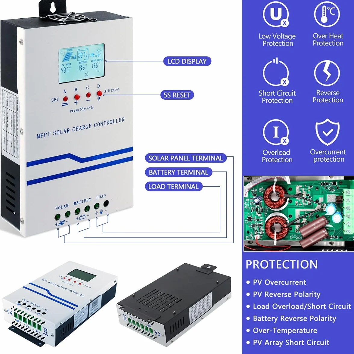 Y&H MPPT 60A Solar Charger Controller 12V 24V 36V 48V Auto Battery Charger Solar Panel Regulator Max PV Input 160VDC w/LCD Display Trabajo con AGM, Gel, Flooded y litio