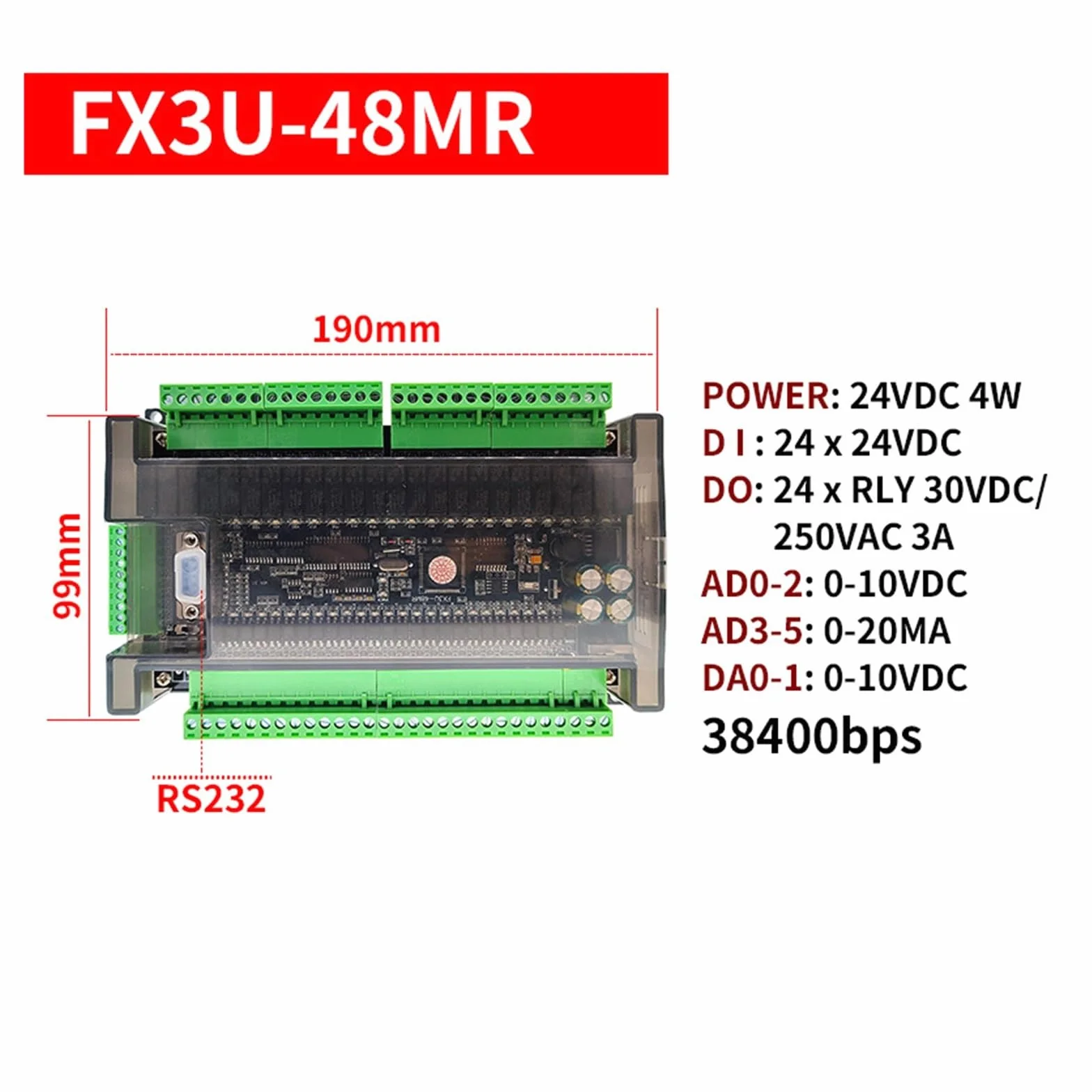 Controlador lógico programable PLC FX3U 48MR 48MT 24 entradas 24 Salidas con relé RS232 RS485 38400bps Transistor PLC Controlador lógico programable 6AD 2DA(FX3U 48MR)