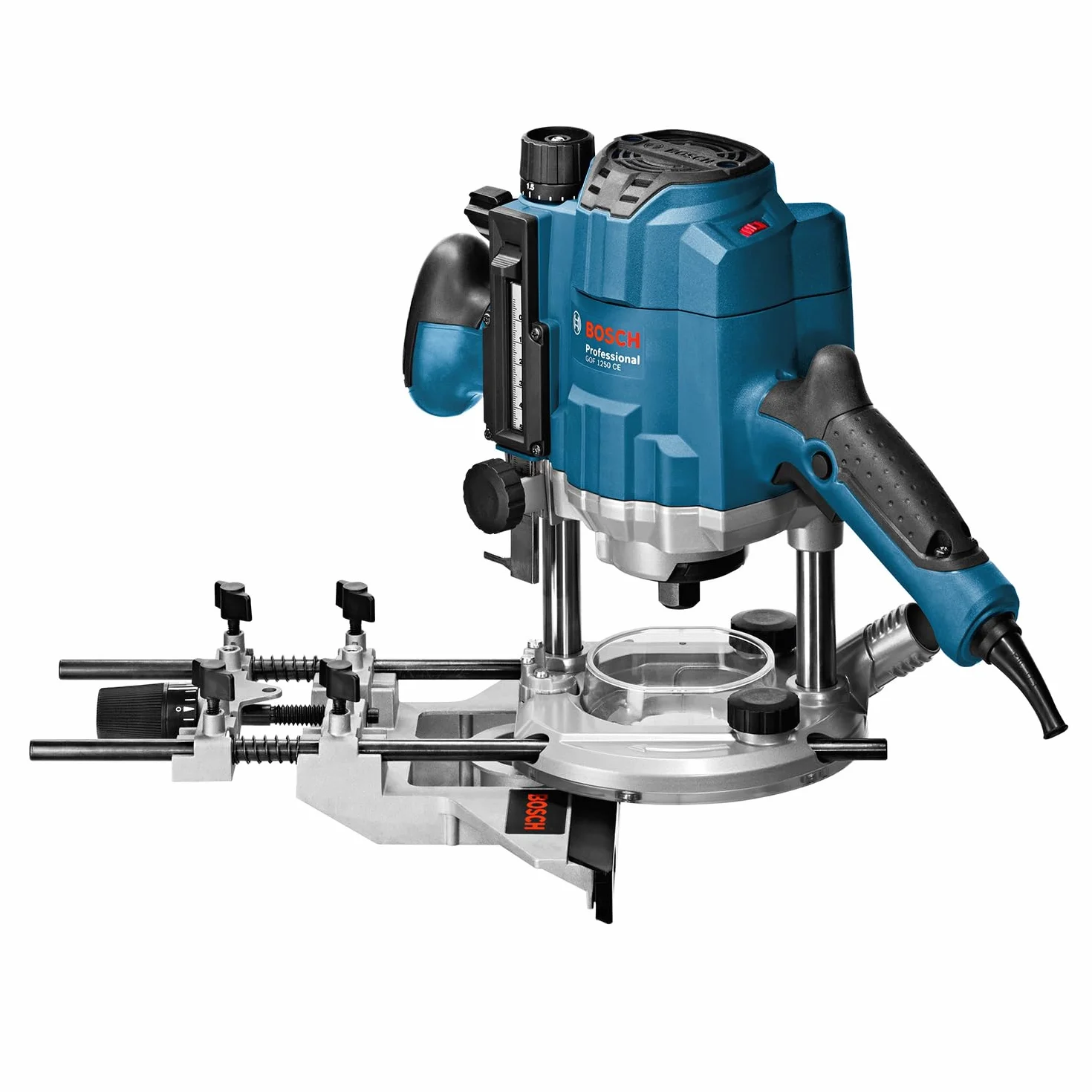 Bosch Professional fresadora de superficie GOF 1250 CE (llave de boca fija 19 mm, tope paralelo con ajuste preciso, adaptador de casquillo copiador, pinzas de sujeción, L-BOXX)