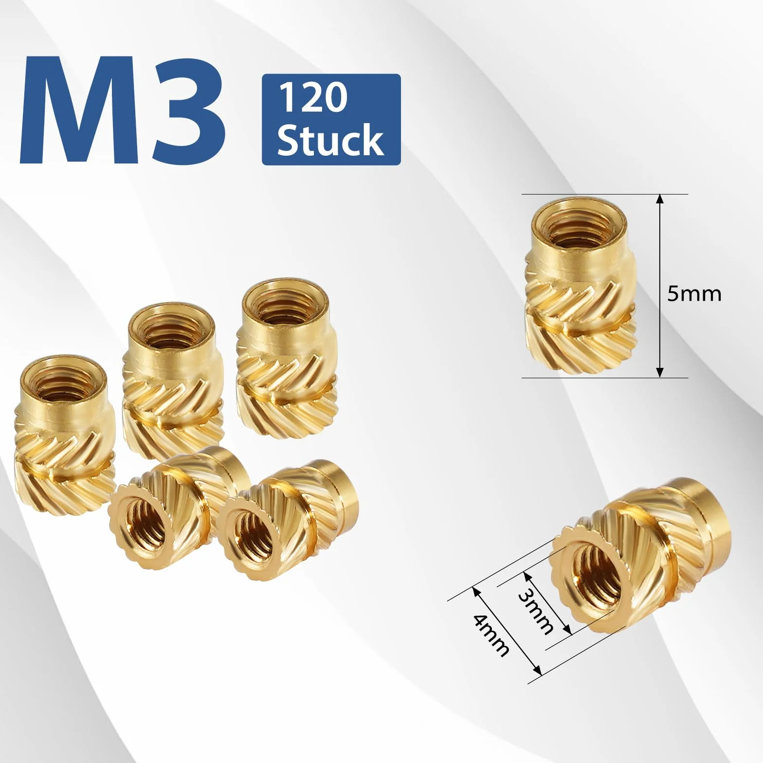 Inserto roscado M3, tuercas de apriete, latón, 120 unidades, M3 x 5 x 4 mm, para plásticos por calor o ultrasonido