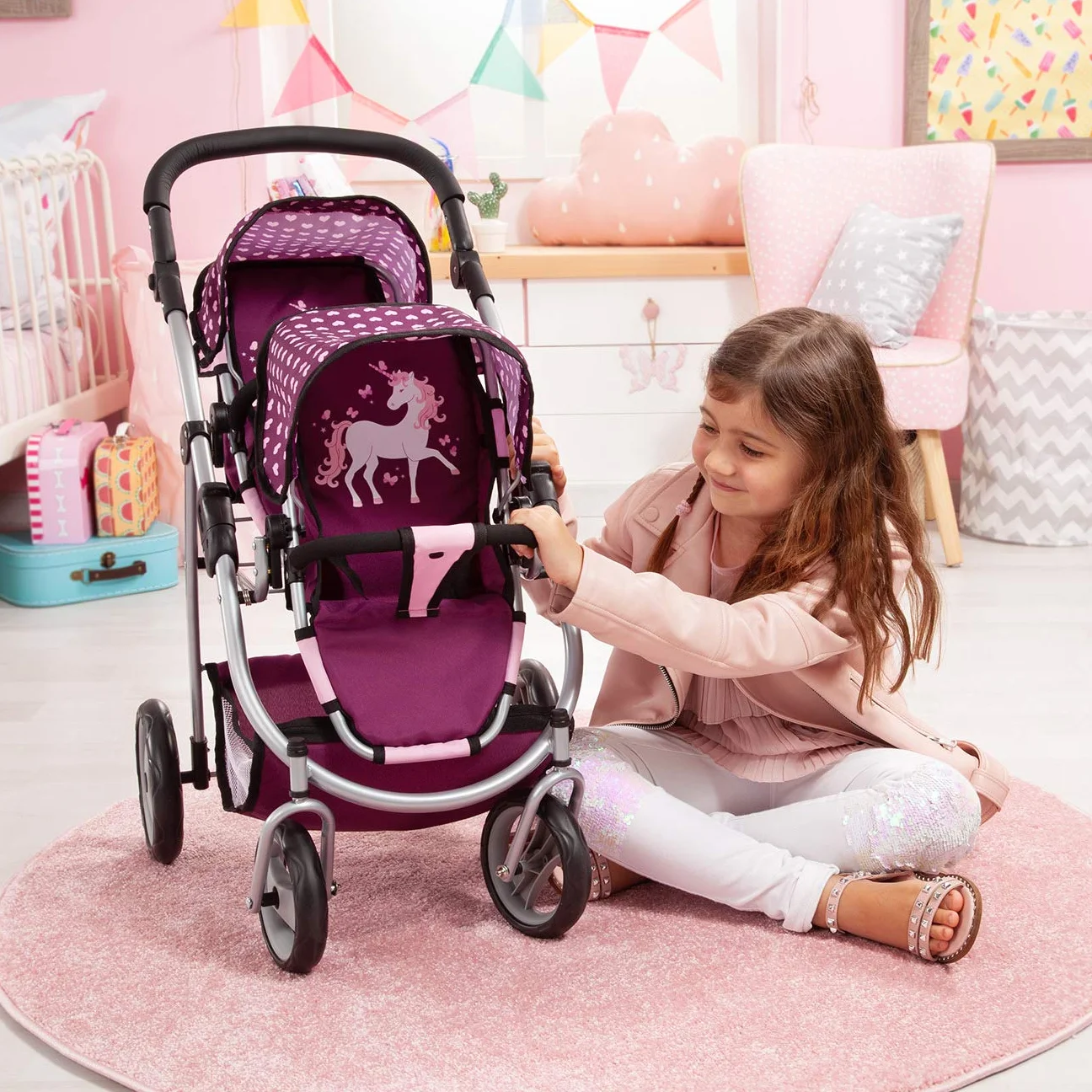 Bayer Design Carrito Doble para muñecas Rosa Ciruela Pink Purple