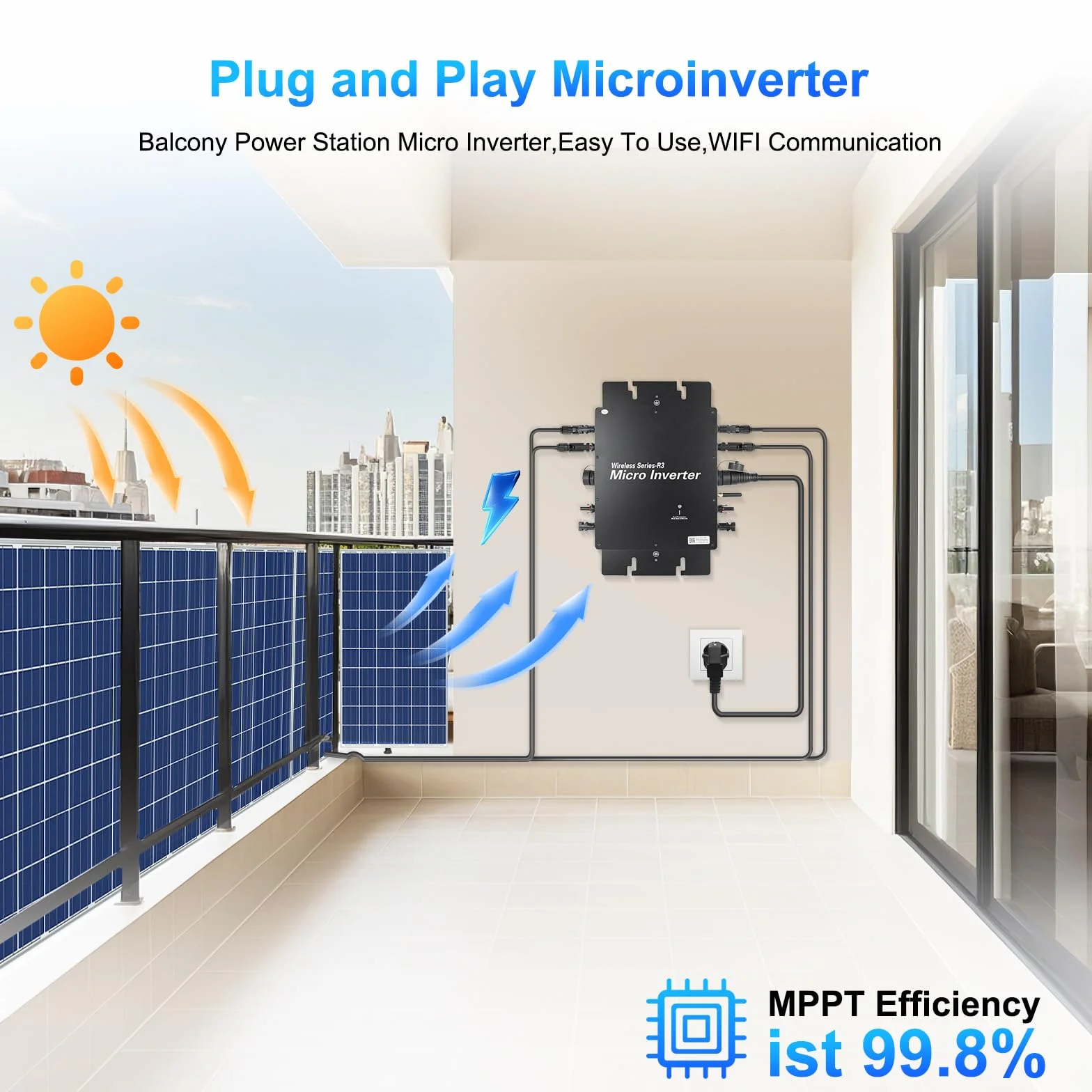 Microinversor 1200W inversor fotovoltaico con WiFi y Bluetooth,Entrada DC 20-60 V,Plug & Play inversor Solar Inteligente para Sistemas solares en Balcones