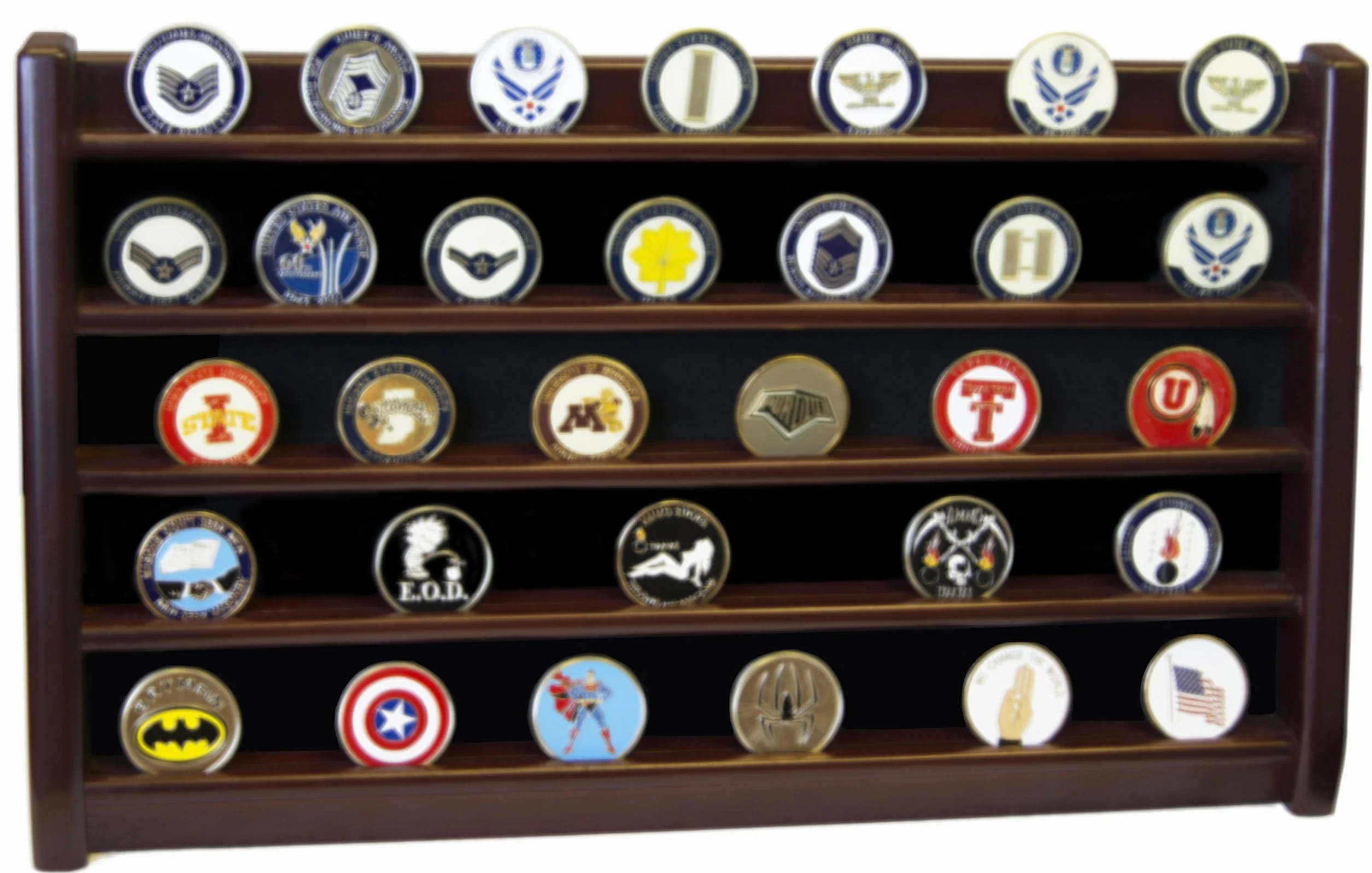 DECOMIL Estante de 5 Filas Challenge Coin Holder Display Madera Maciza Acabado Cerezo