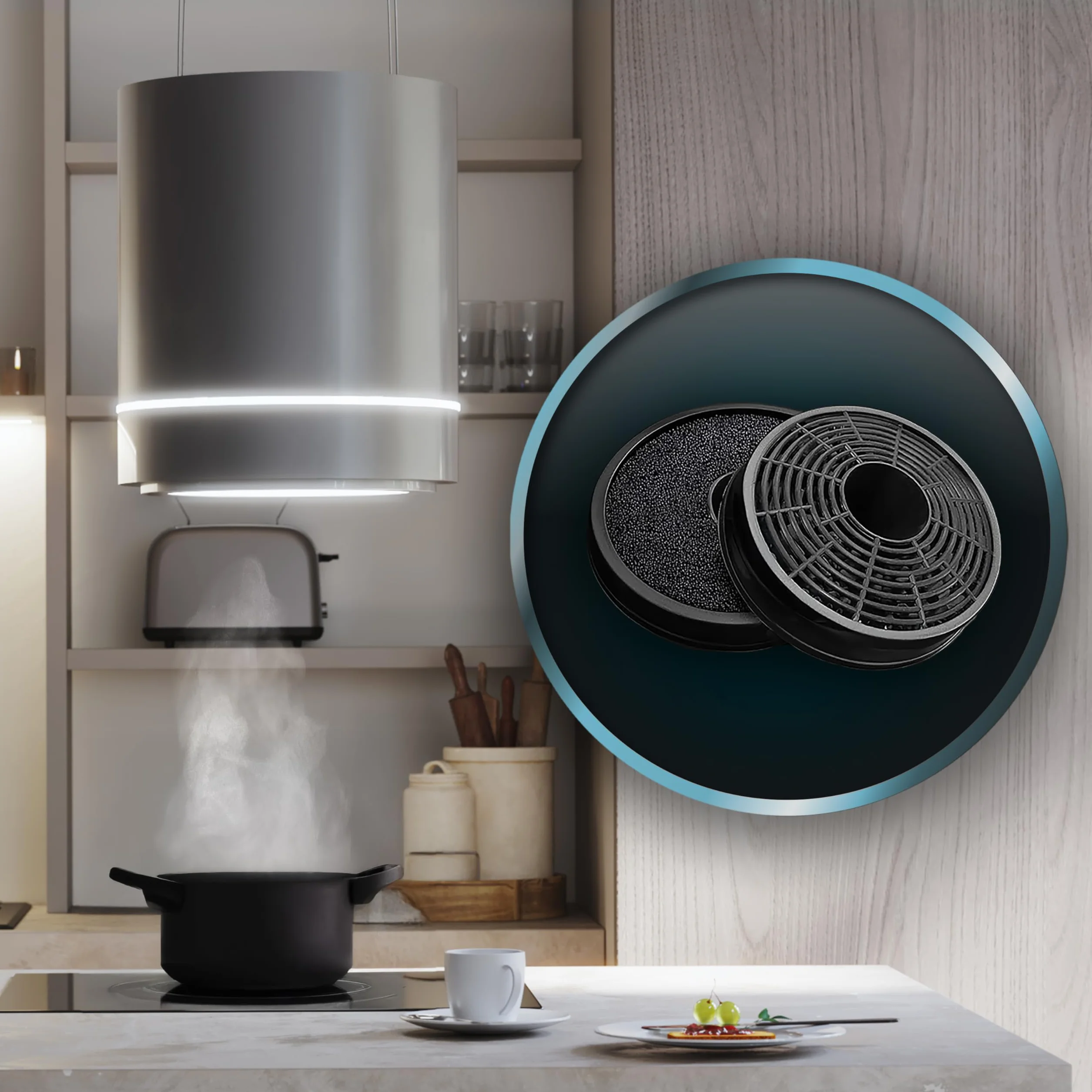 Cecotec Campana Extractora 44cm En Isla Redonda Bolero Flux Cre 448000 Inox A++ Acabado Acero Inox Succión 800m3/h Motor 210W Control Electrónico Luz Filtro Carbono