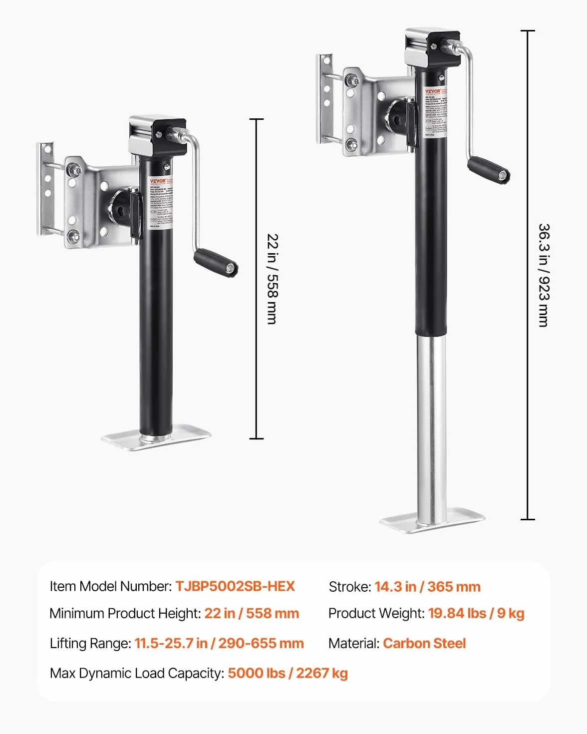 VEVOR Gato para Remolque, Capacidad de Carga Dinámica de 2267 kg, Gato para Remolque con Pernos Soporte de Elevación de 365 mm con Manija para Remolque de RV, Remolque para Yates, Remolque Utilitario