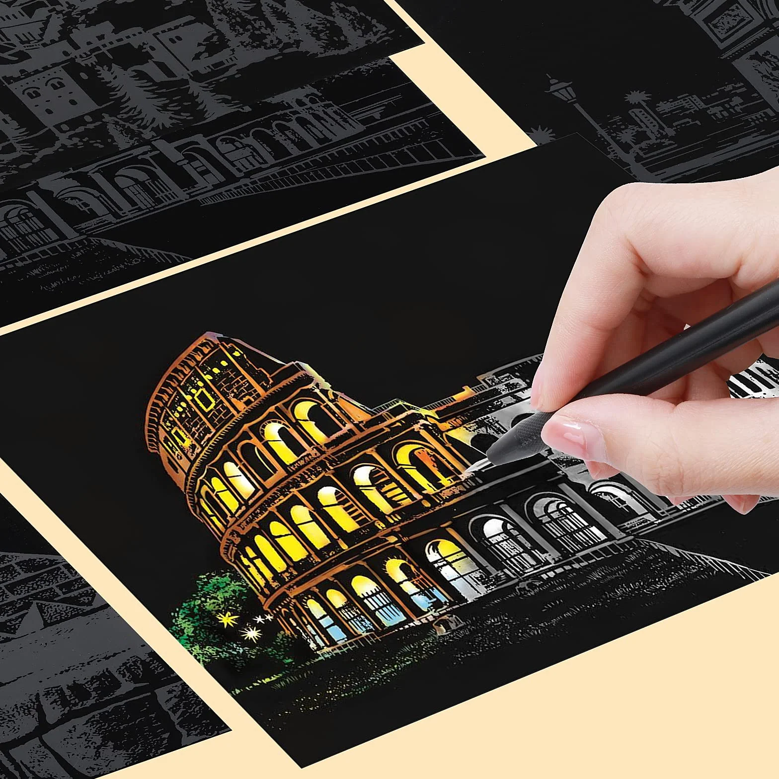 Lusofie 12 Hojas Papel Arcoíris para Rascar Manualidades Kit de Artes con 6 Herramientas