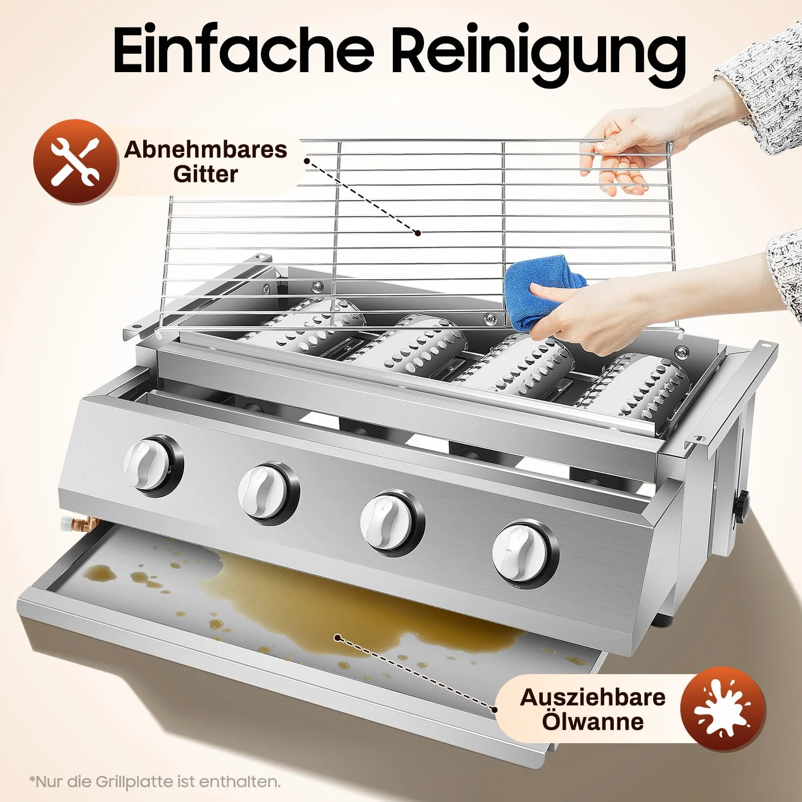 Barbacoa de gas, 4 quemadores, barbacoa de mesa, altura regulable 0-7 cm, encendido electrónico, asador de gas de acero inoxidable para camping, fiestas