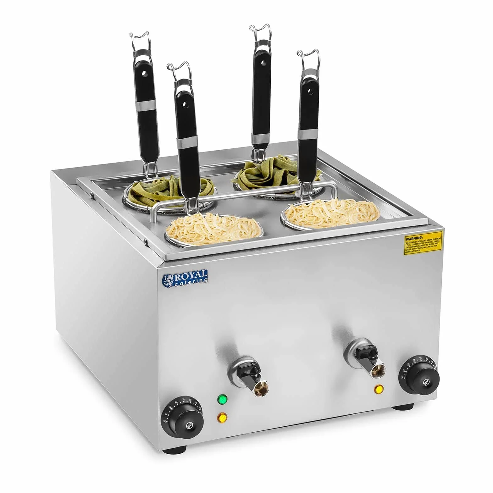 Royal Catering RCNK-4 - Cocedor de pasta eléctrico (4 L, 4 cestas, 2 x 1500 W, 230 V, grifo de drenaje, acero inoxidable)