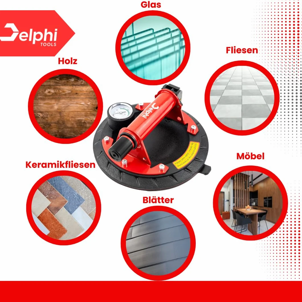 DELPHI Juego de elevador de succión para azulejos, cristal y cristal, 120 kg, 200 mm, ergonómico, mango de succión antideslizante para azulejos, transporte seguro de azulejos, discos de cristal,