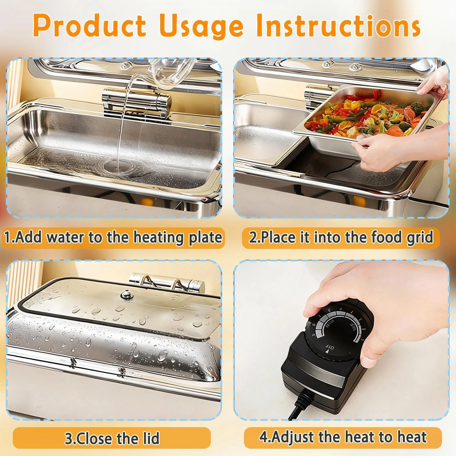 Chafing Dish Eléctrico 9L Acero Inoxidable con Tapa Transparente, Calentador de Comida para Buffet y Fiestas (1/2 Pan)
