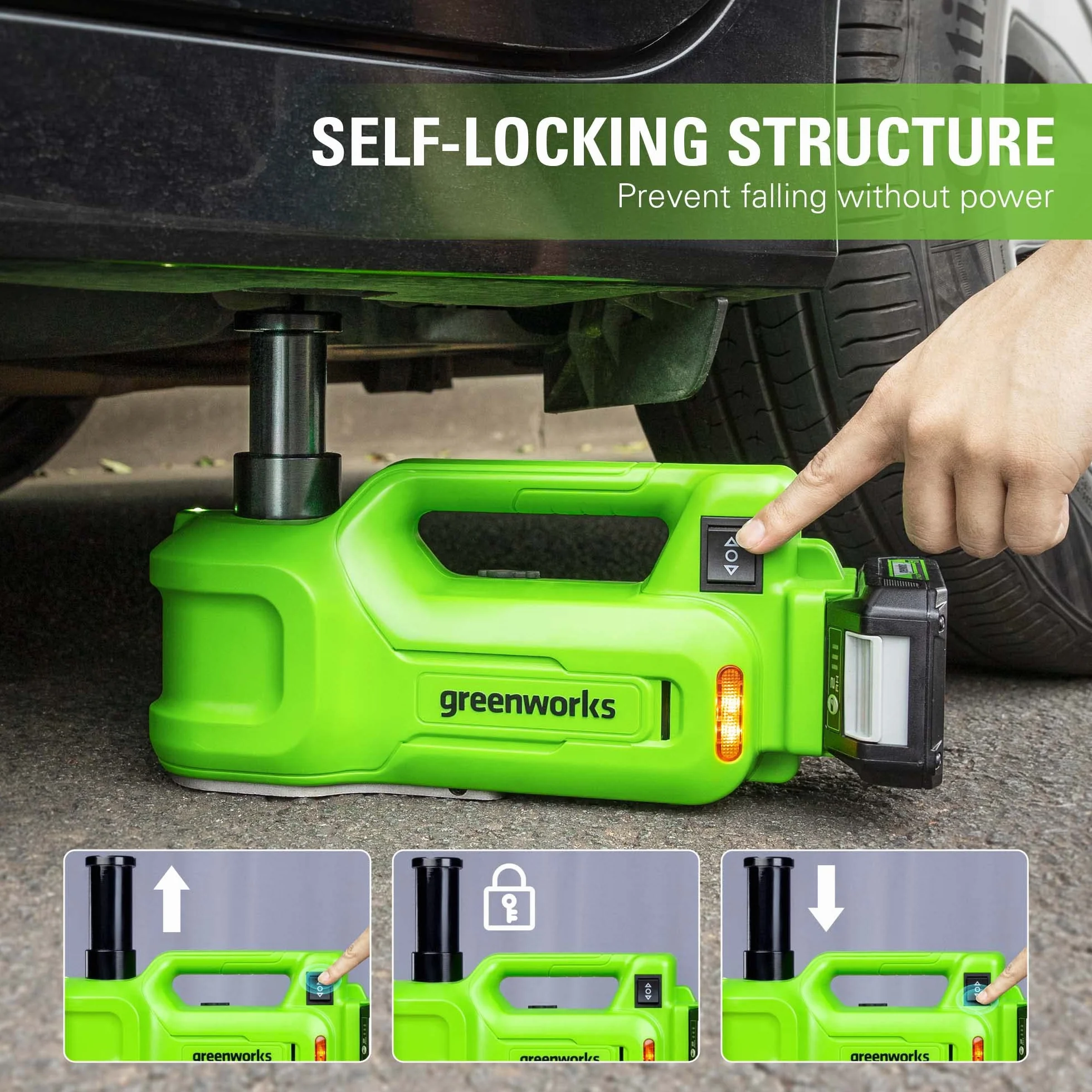 Greenworks Batería Jack 24v 3T Altura de Elevación Hidráulica Eléctrica: 6 - 1 / 8 "- 17 - 1 / 2" (155 - 445 mm) Bloqueo Automático Universal SIN Batería y Cargador G24JACK