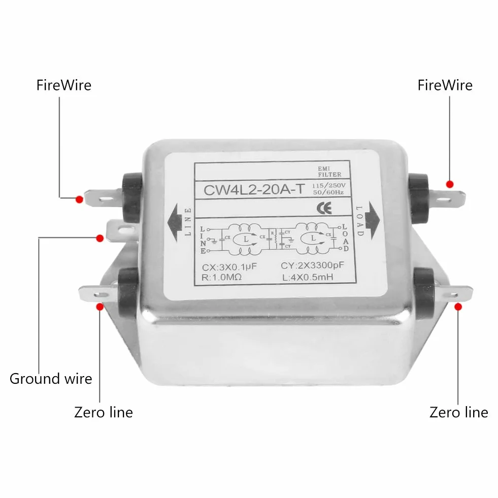 Fafeicy EMI Filtro de línea CW4L2-20A-T, 115V / 250V 20A 50 / 60Hz filtro de fuente de alimentación, terminal de filtro de fuente de alimentación, para la mayoría de los dispositivos digitales (1)