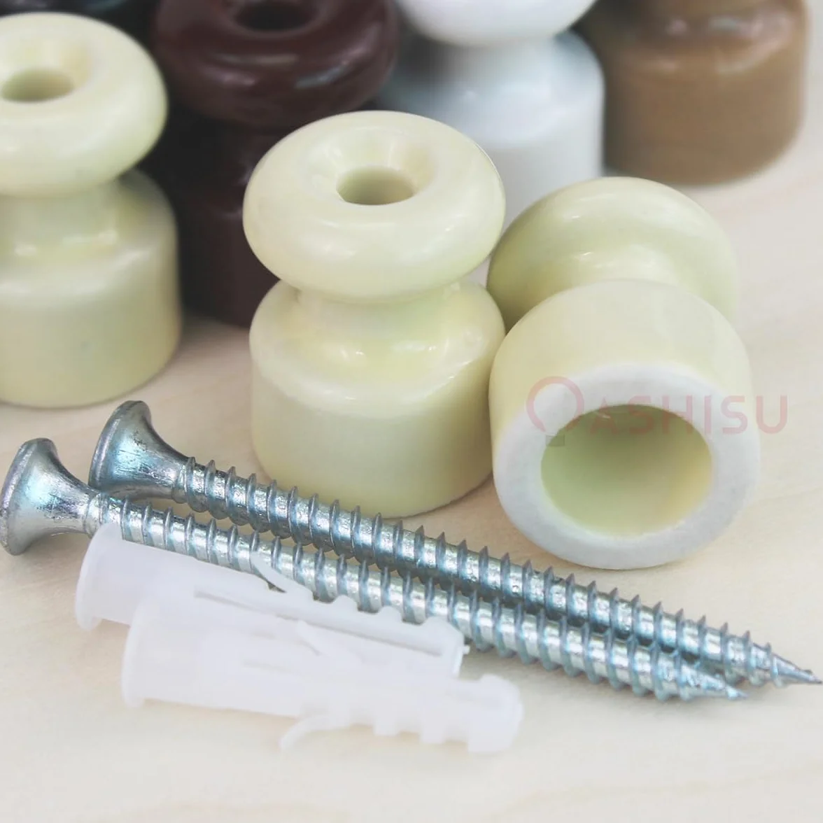 Aisladores de porcelana vintage Ø18 mm beige brillante para cable trenzado textil